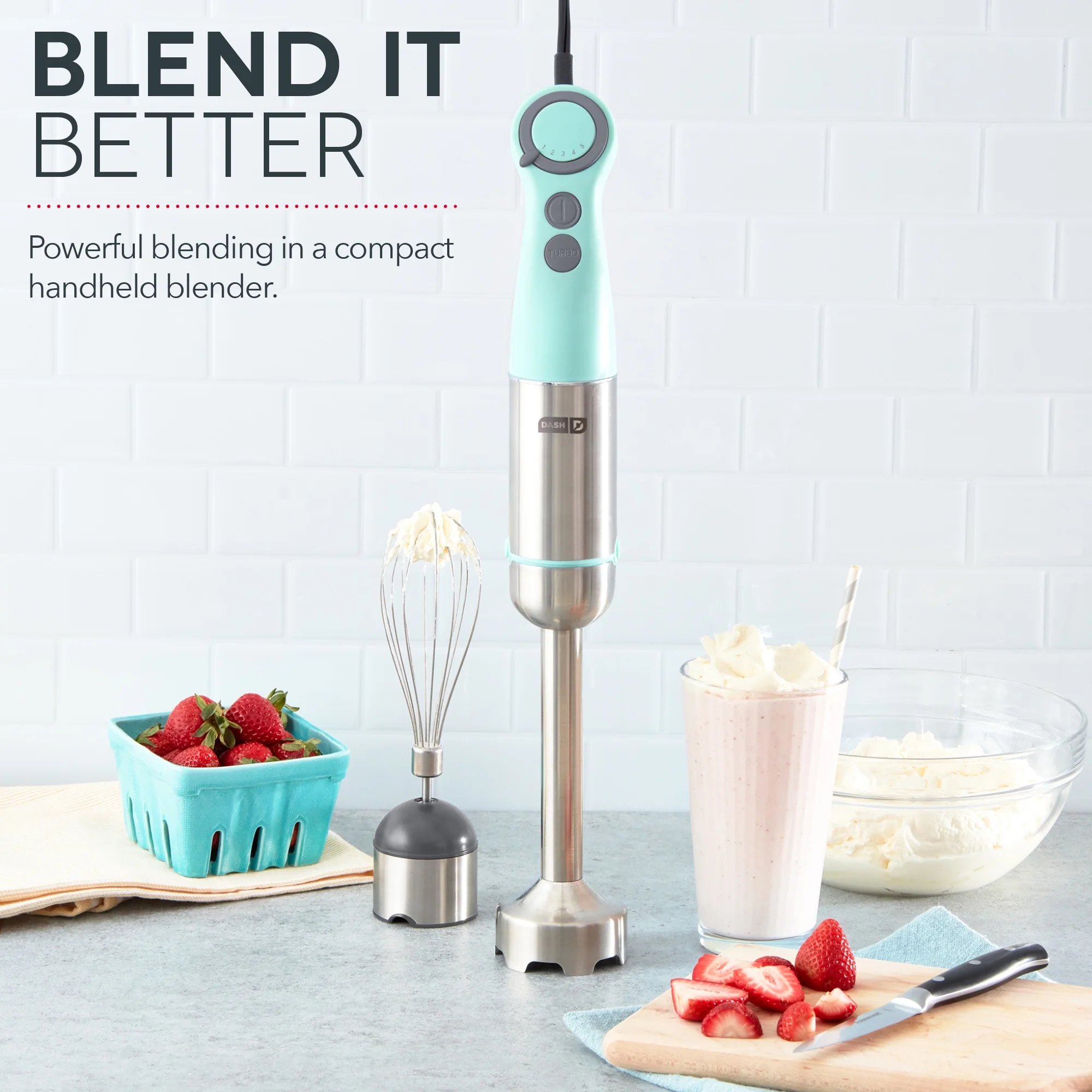 Dash Chef Series Immersion 5 Speed Stick Blender - Stainless Steel Blades -Whisk Attachment, Aqua