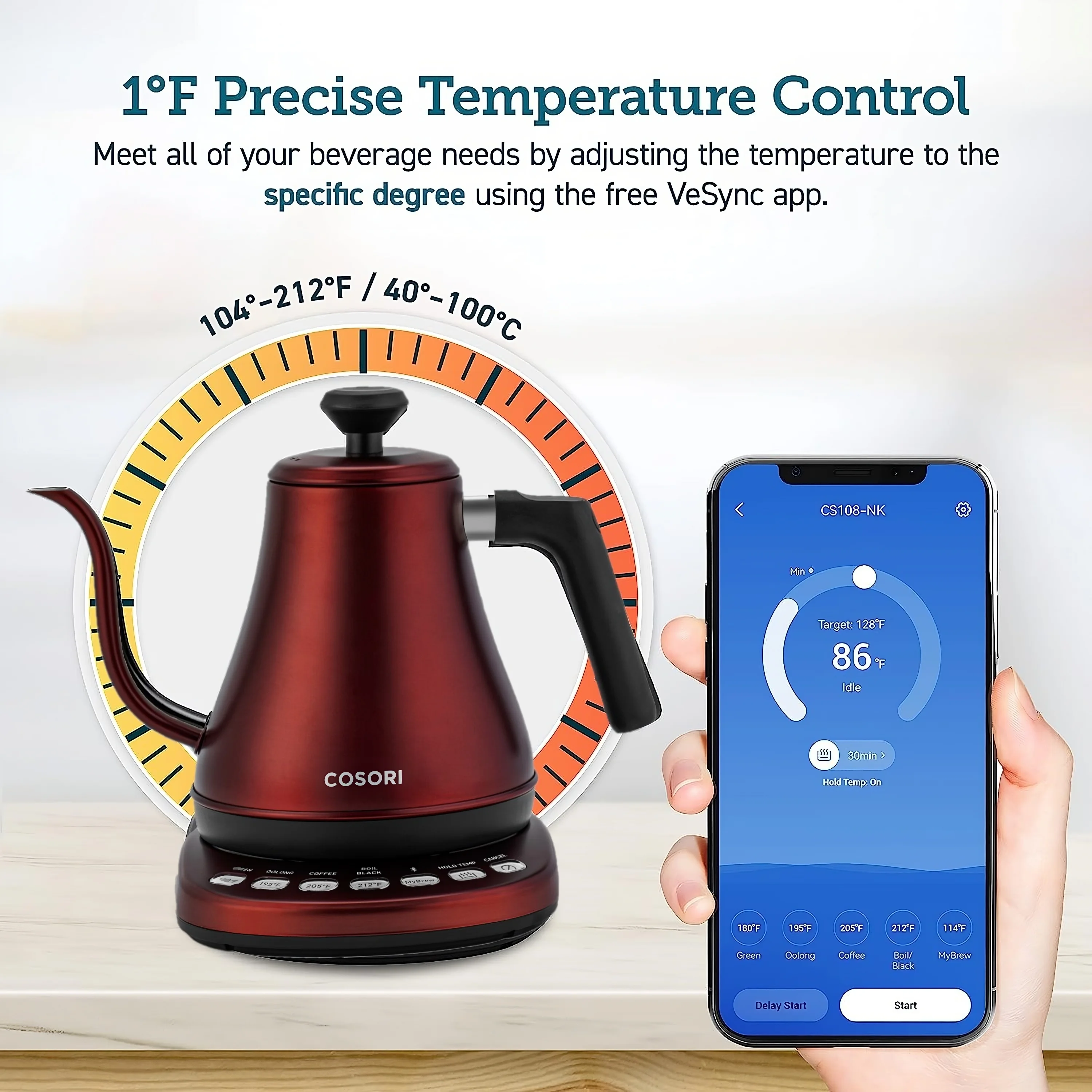 COSORI Smart Gooseneck Kettle Electric for Pour-Over Tea & Coffee with Variable Presets, Stainless Steel ,0.8L, Red