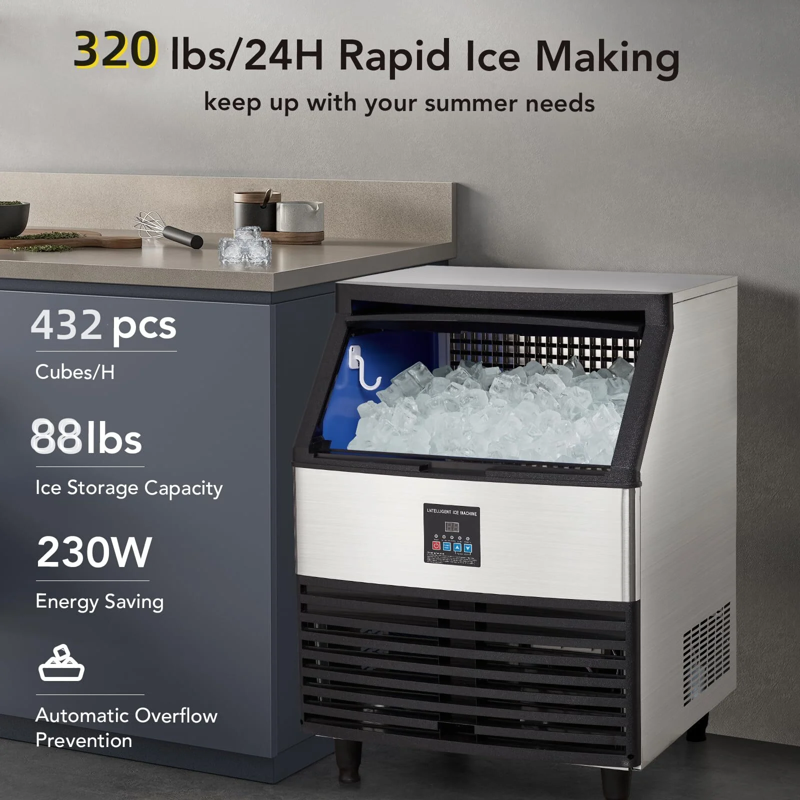 Entcook 110V Commercial Ice Maker 320Lbs/24H with 88Lbs Storage, 6x18 Cubes Automatic Ice Machine in Stainless Steel