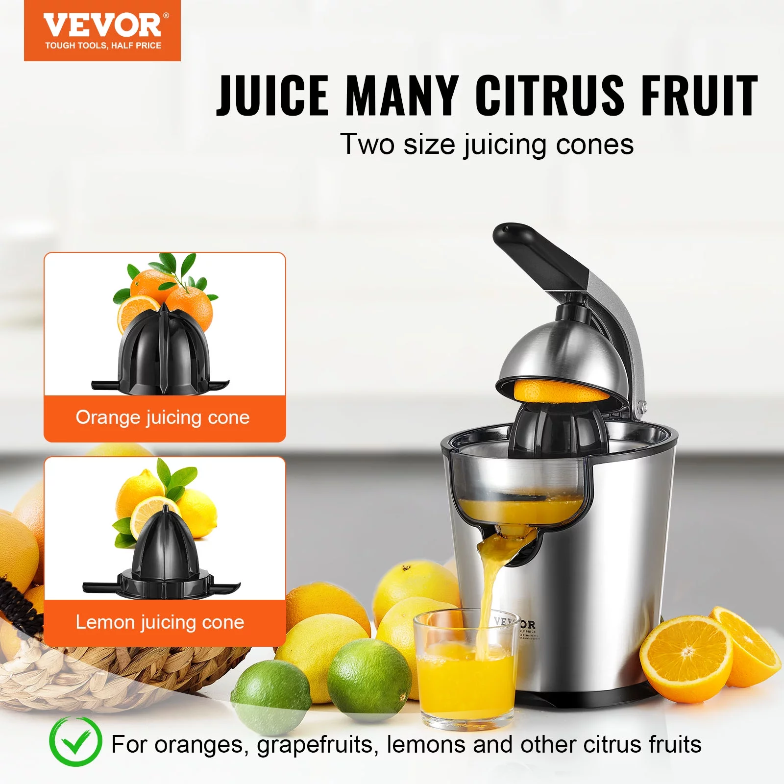 BENTISM Electric Citrus Juicer, Orange Juice Squeezer with Two Size Juicing Cones, 300W Stainless Steel Orange Juice Maker with Soft Grip Handle, For Oranges, Grapefruits, Lemons and Other Citrus Frui