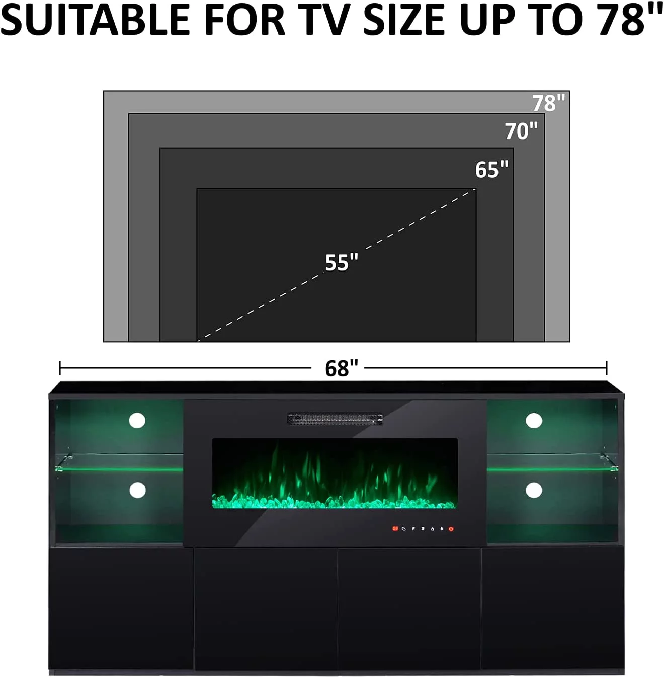 AMERLIFE Modern High Gloss 68in Fireplace TV Stand for TVs up to 78in TV, Black