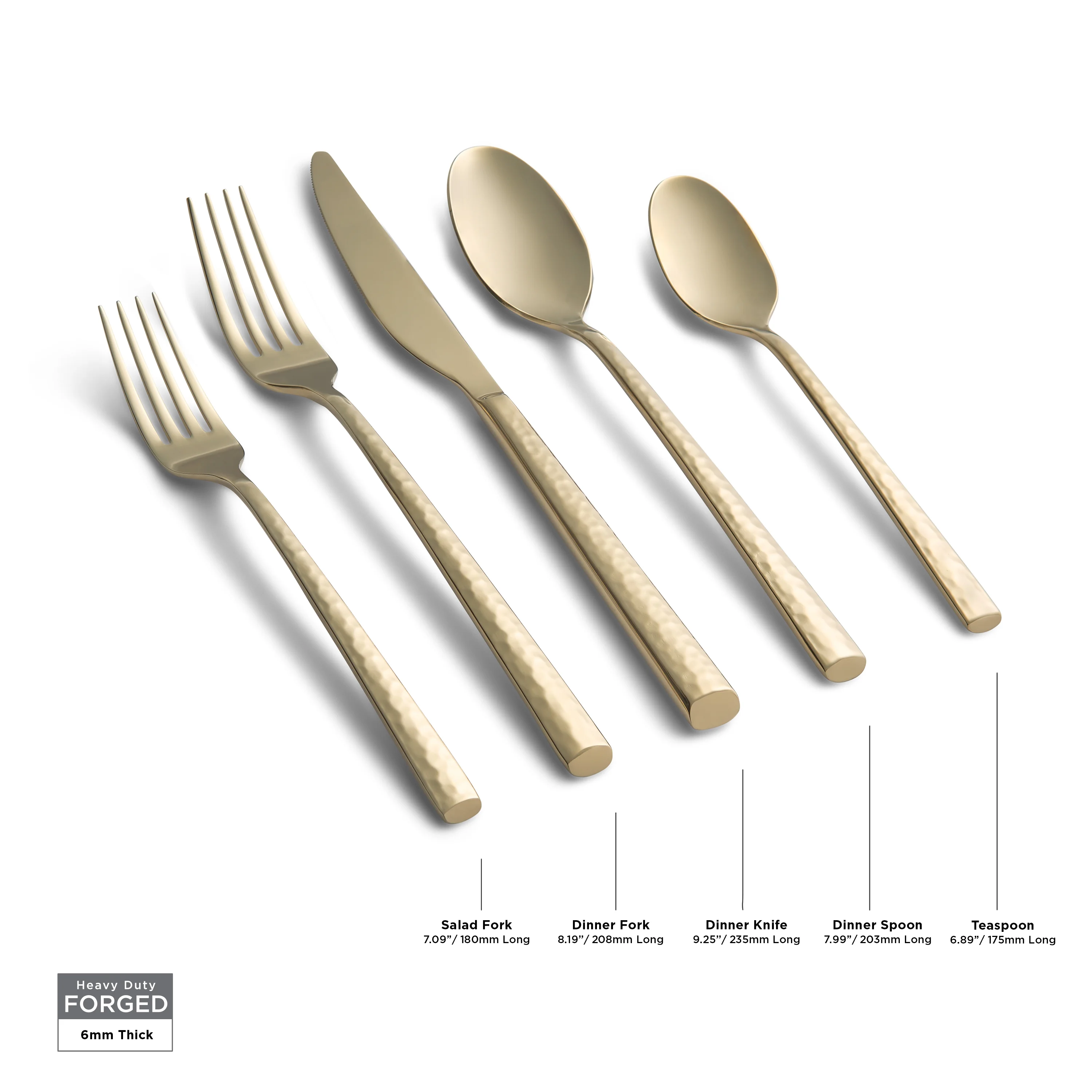 Graze by Cambridge Toya Forged 18/0 Stainless Steel Champagne Hammered Mirror 20-Piece Flatware Set, Service for 4