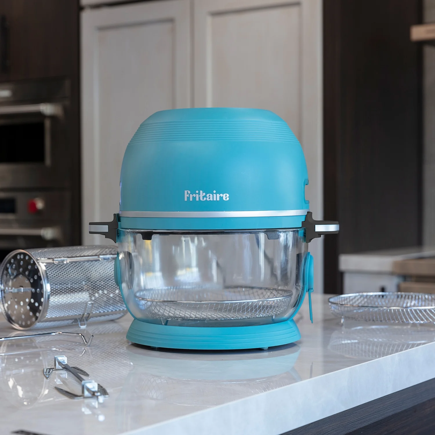 Fritaire Self-Cleaning Glass Bowl Air Fryer, 5 Qt, 6 Functions, BPA Free, Rotisserie/Tumbler, Green