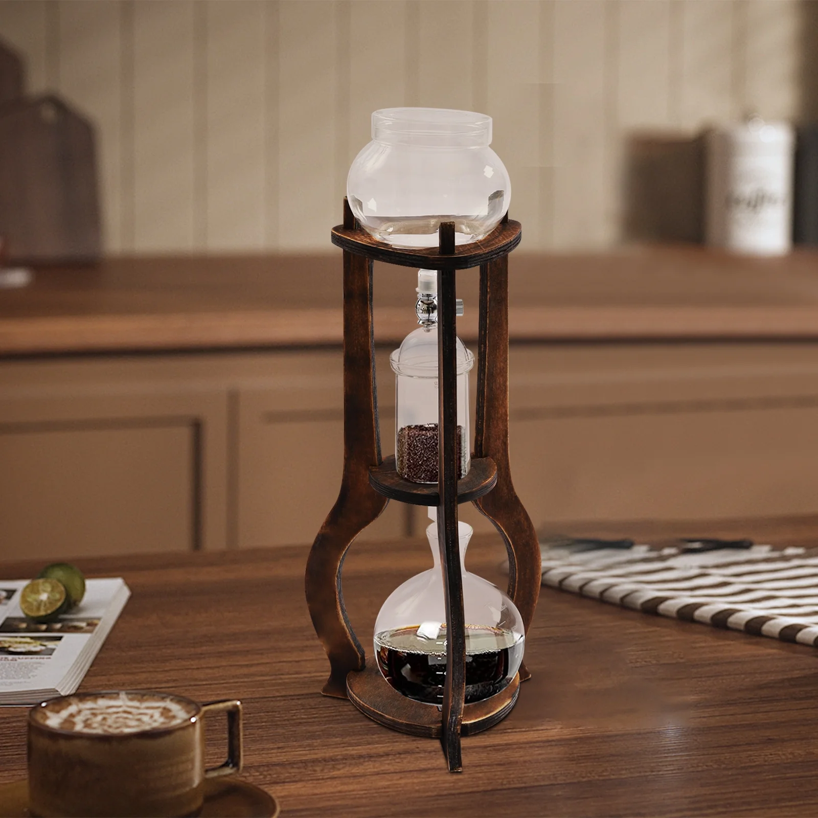 Ice Cold Coffee Brewer, 6-8 Cups Stainless Steel High Borosilicate Glass Dripper Coffee Maker Wood