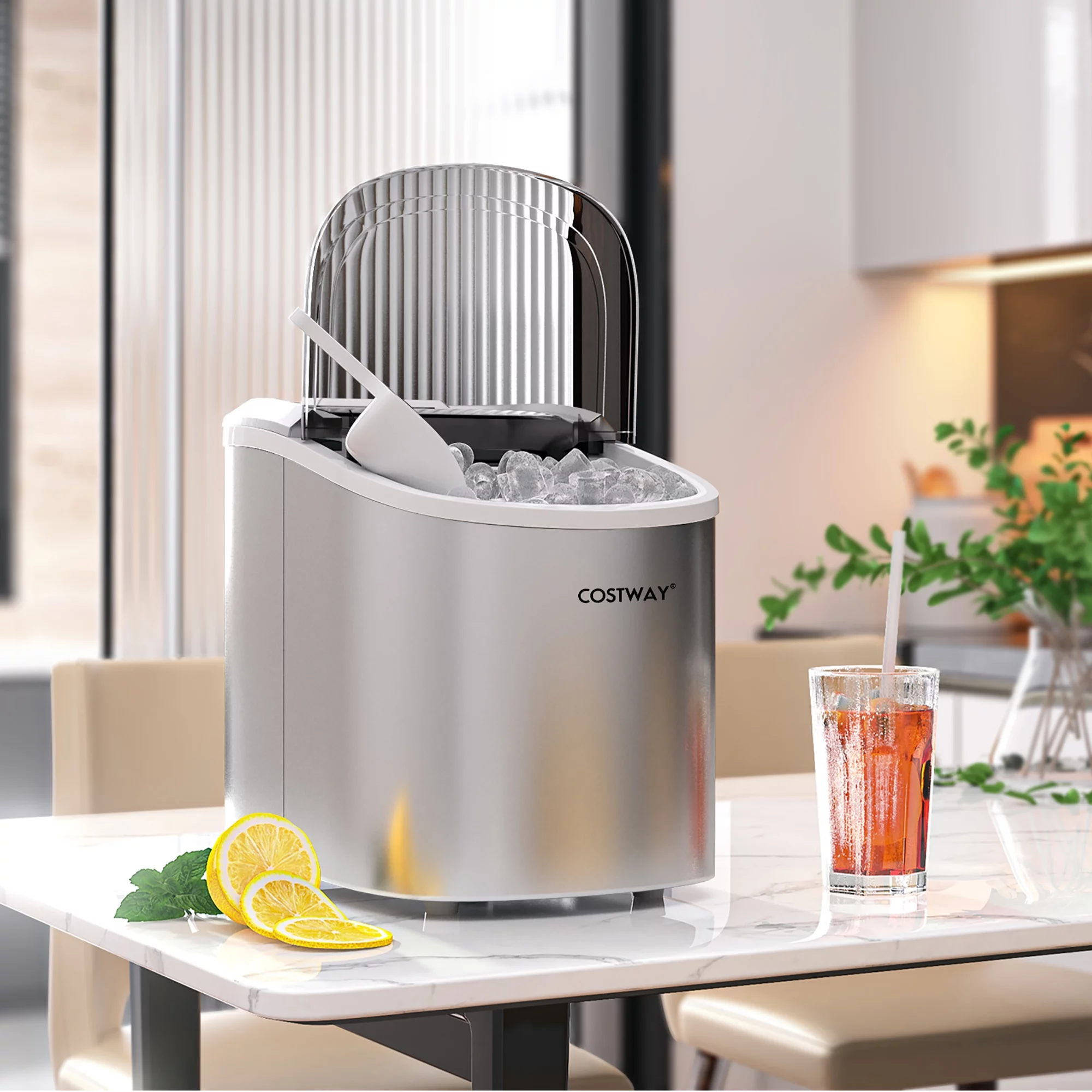 Costway Ice Maker Machine Countertop Automatic Ice Maker 27 LBS/24 Hrs w/ Scoop & Basket Sliver