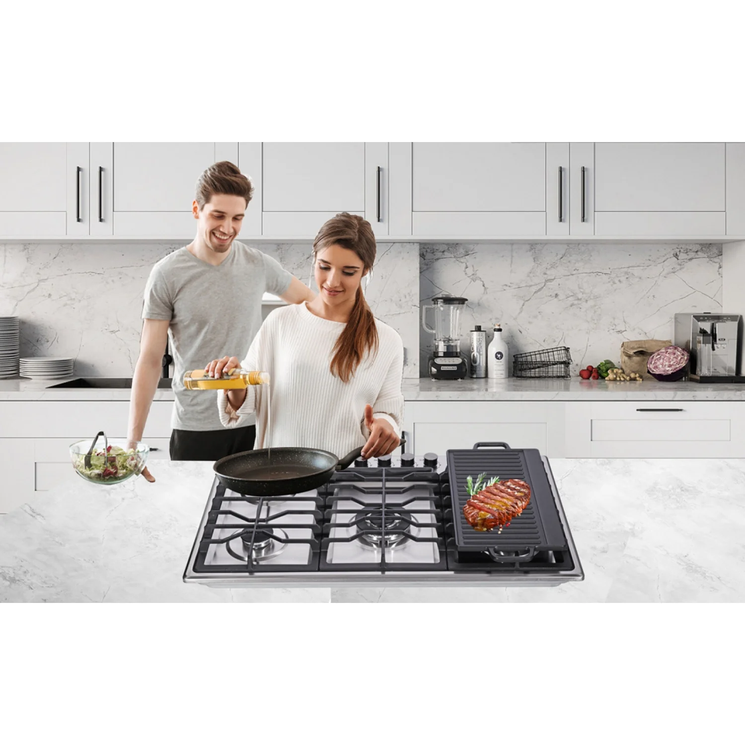 34 Inch Gas Cooktop with Griddle, 5 Burner Gas Stove top, Cook top stove gas with Cast Iron Griddle, Natural Gas/Propane Gas Convertible, Stainless Steel (AHT34IN10S-KP)