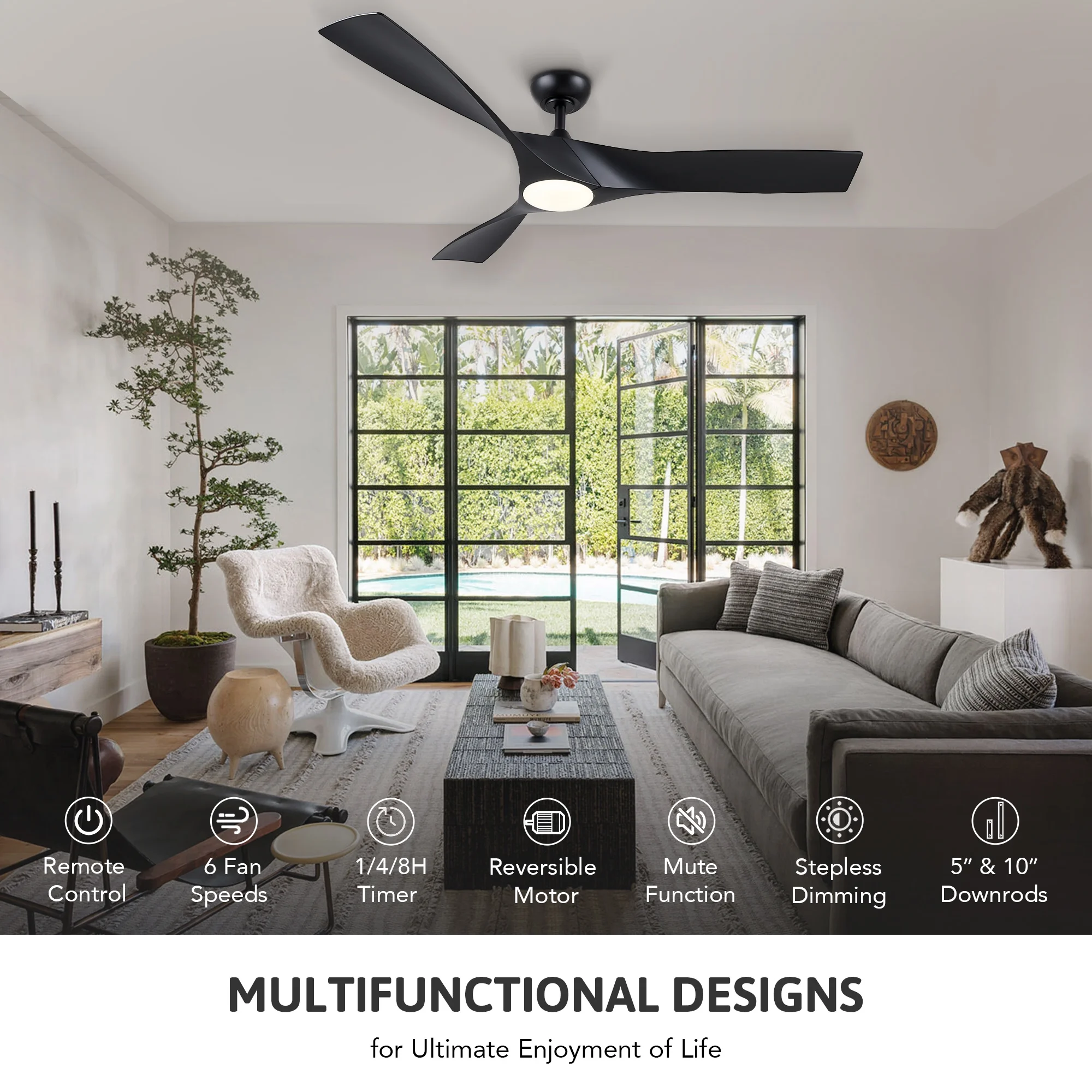 Bestco 52 inch Propeller Ceiling Fan with Light Remote Control 6 Fan Speeds Black