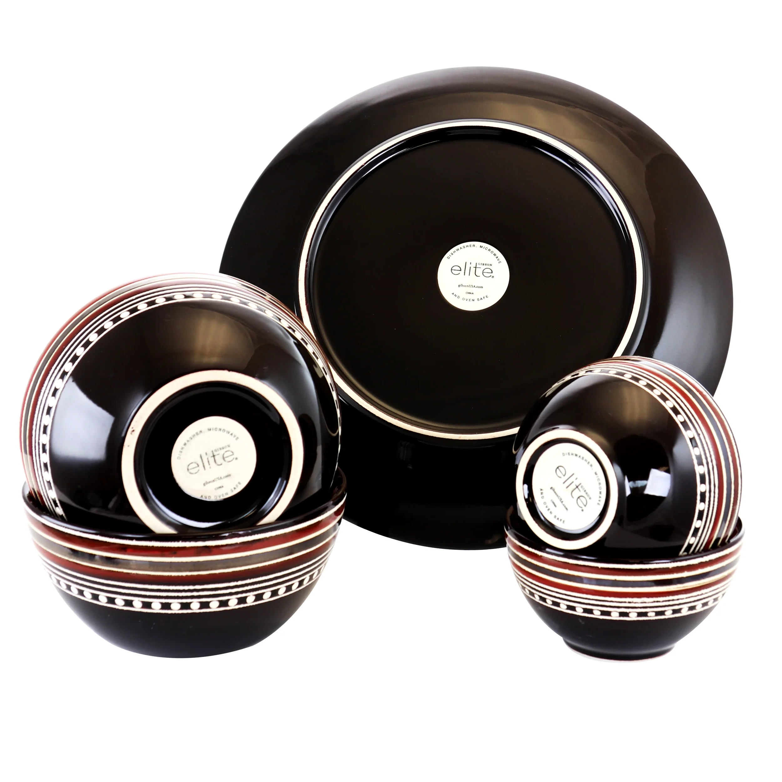 Gibson Elite Cafe Versailles 16 Pieces Double Bowl Dinnerware Set-Red