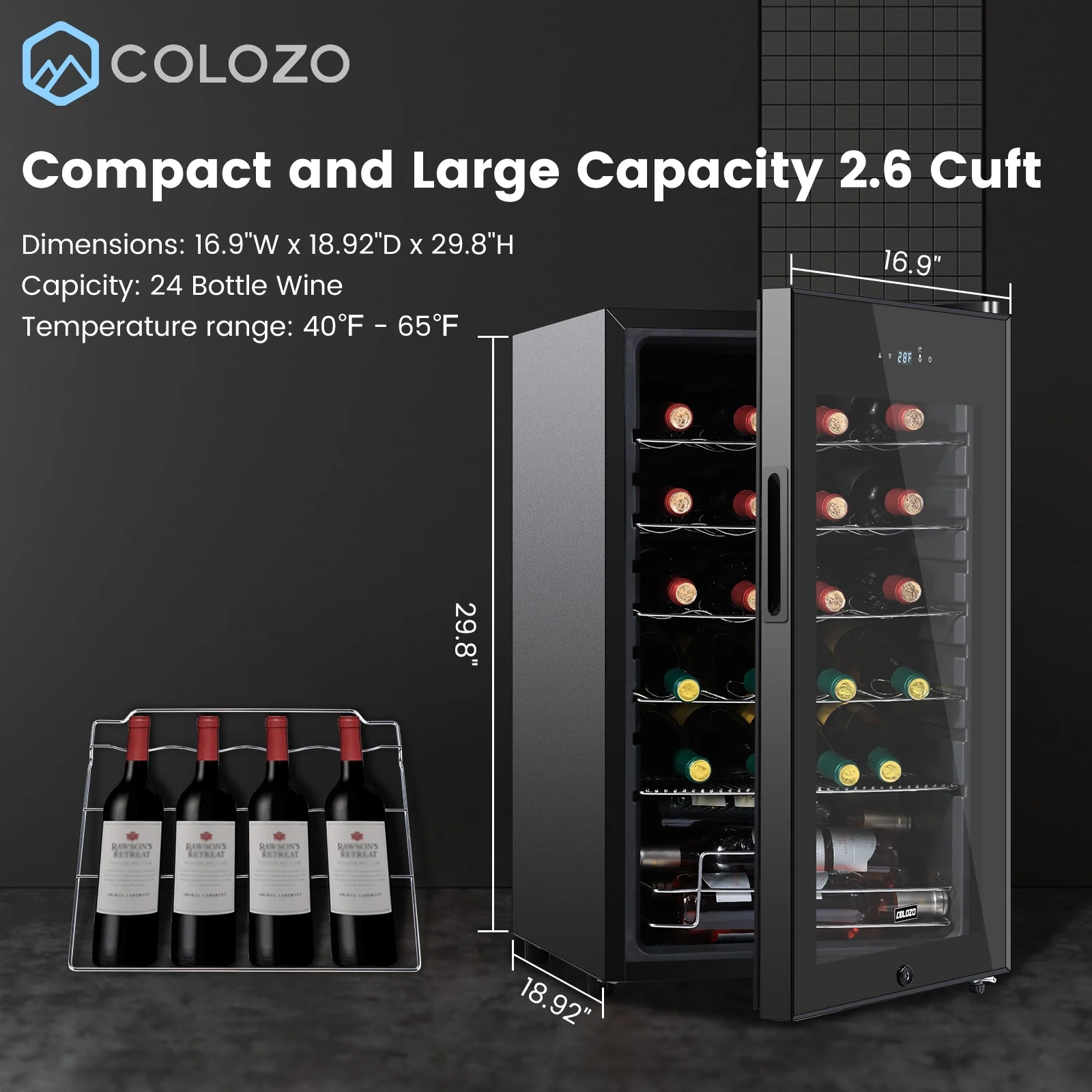 COLOZO 24 Bottle Compressor Wine Cooler, Black Freestanding Wine Fridge with Glass Door