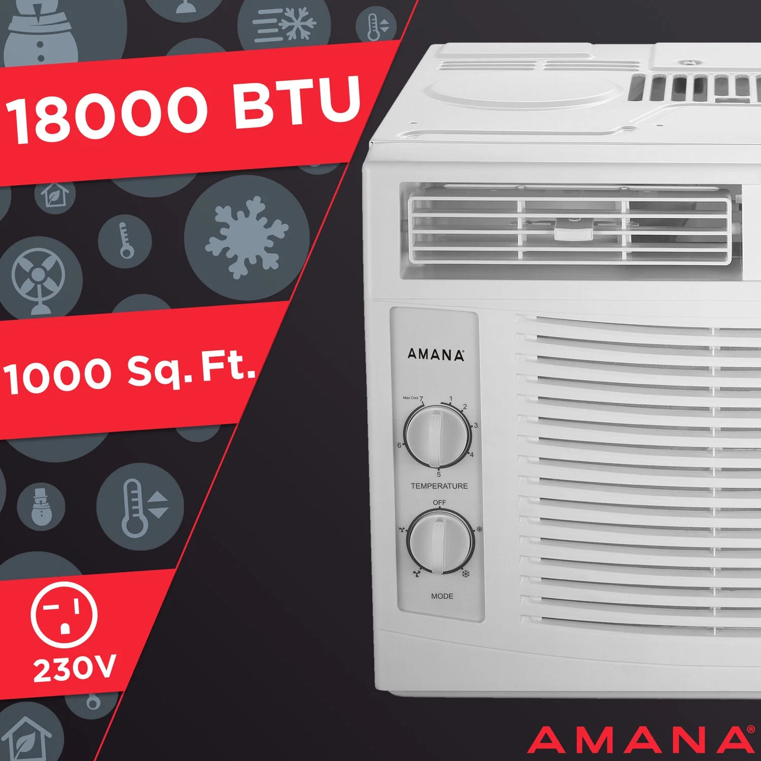 Amana 18,000 BTU 230V Window-Mounted Air Conditioner with Remote Control | AC for Rooms up to 1000 Sq.Ft | 24H Timer | 3-Speed | Auto-Restart | Digital Display | ?White | AMAP182CW