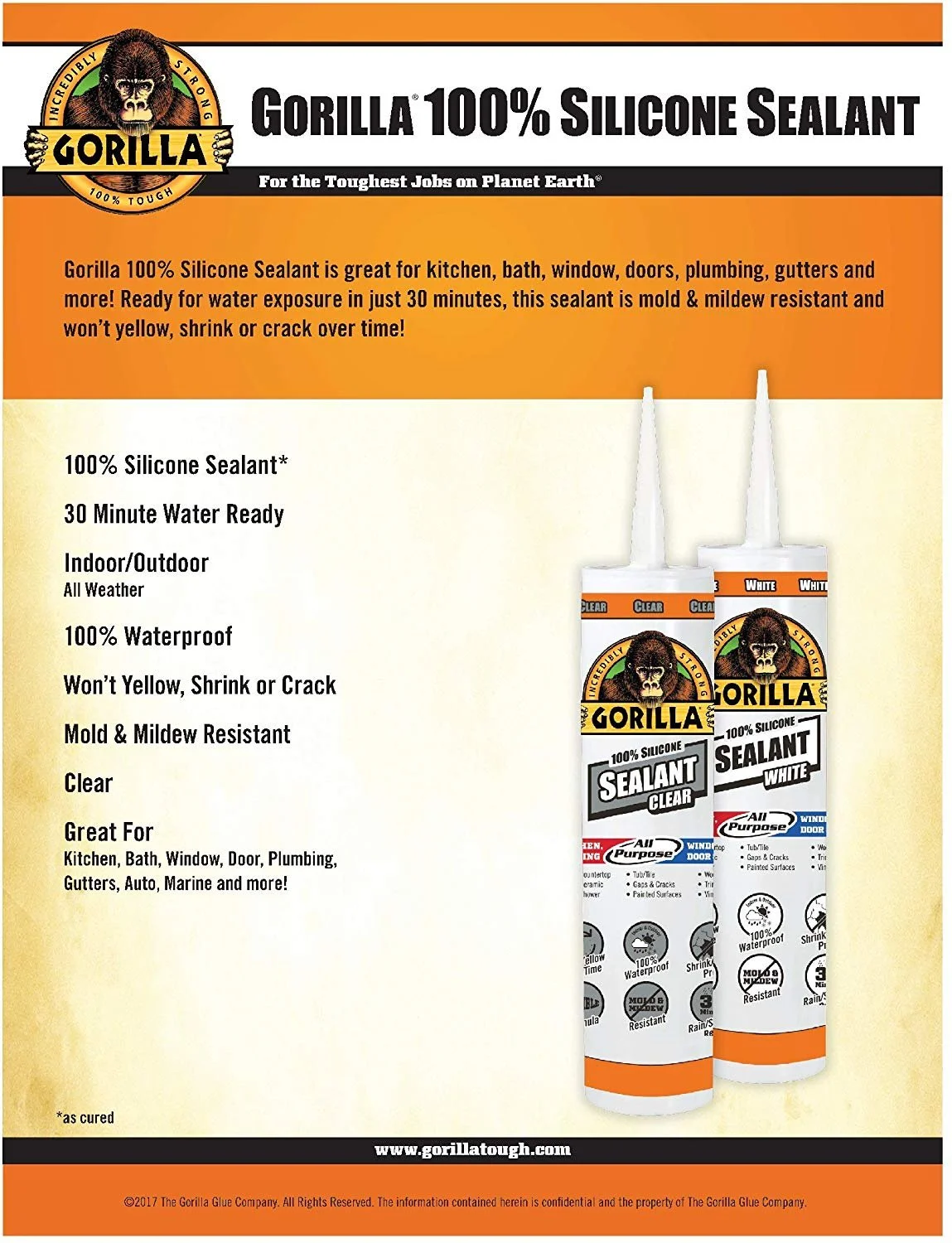Gorilla Paintable Silicone Sealant Caulk, Waterproof and Mold & Mildew Resistant, 9 ounce Cartridge, White, Pack of 6