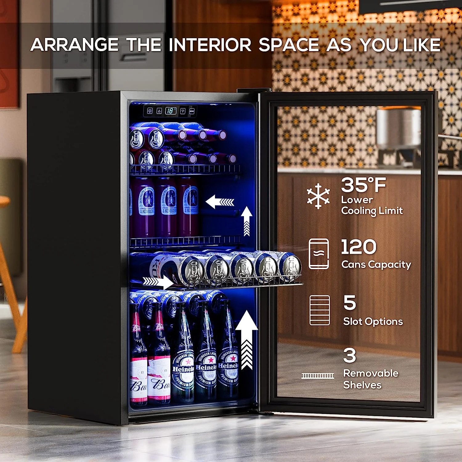 Beverage Refrigerator Cooler-120 Cans Freestanding Mini Fridge Cooler with Glass Door, Adjustable Shelves & Digital Temperature Display for Soda, Wine or Beer (Black, 3.2 Cu.Ft)