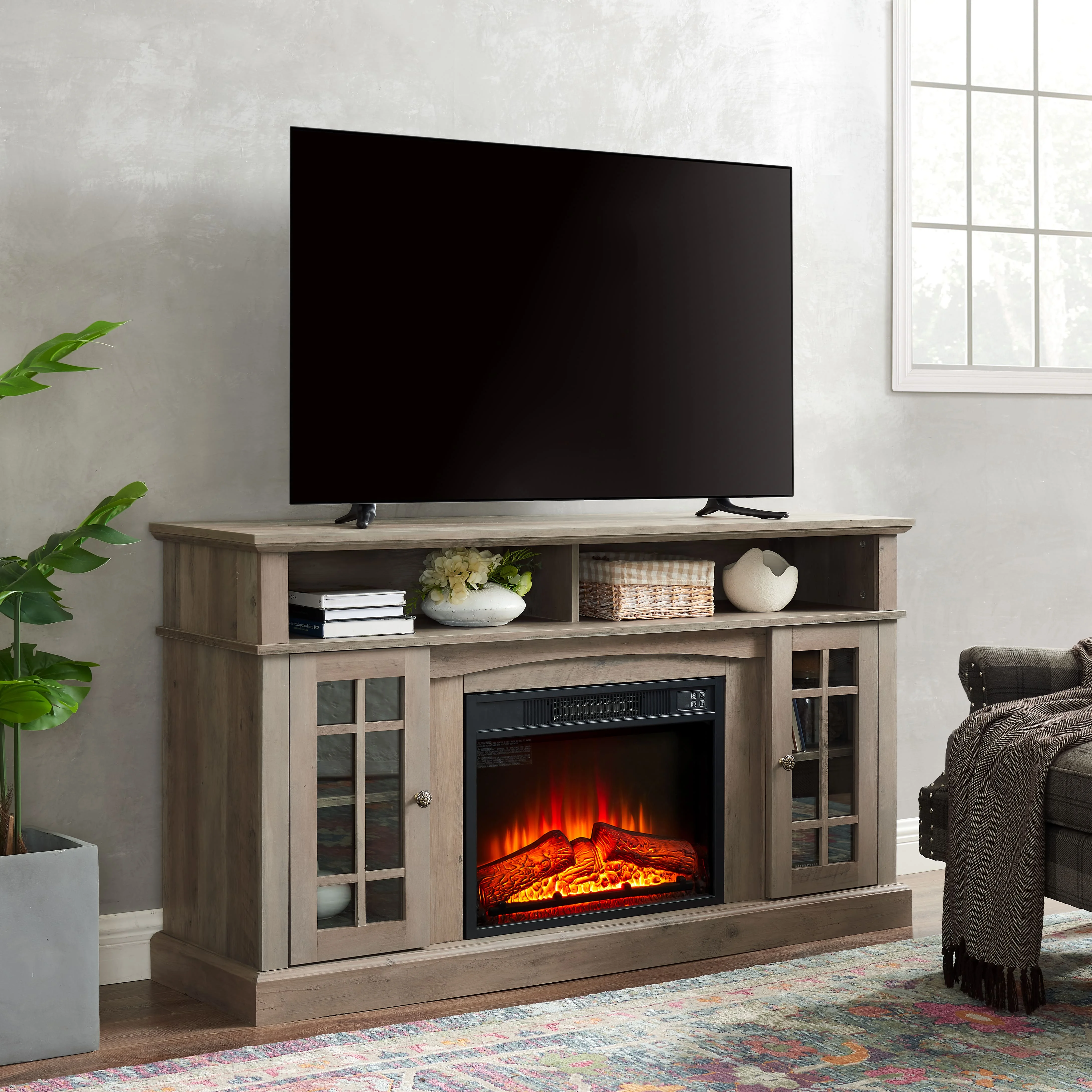 Greenpod Electric Fireplace TV Stand with 23�� Fireplace for TVs up to 65�� , TV Console Table Entertainment Center for Living Room, Gray Wash