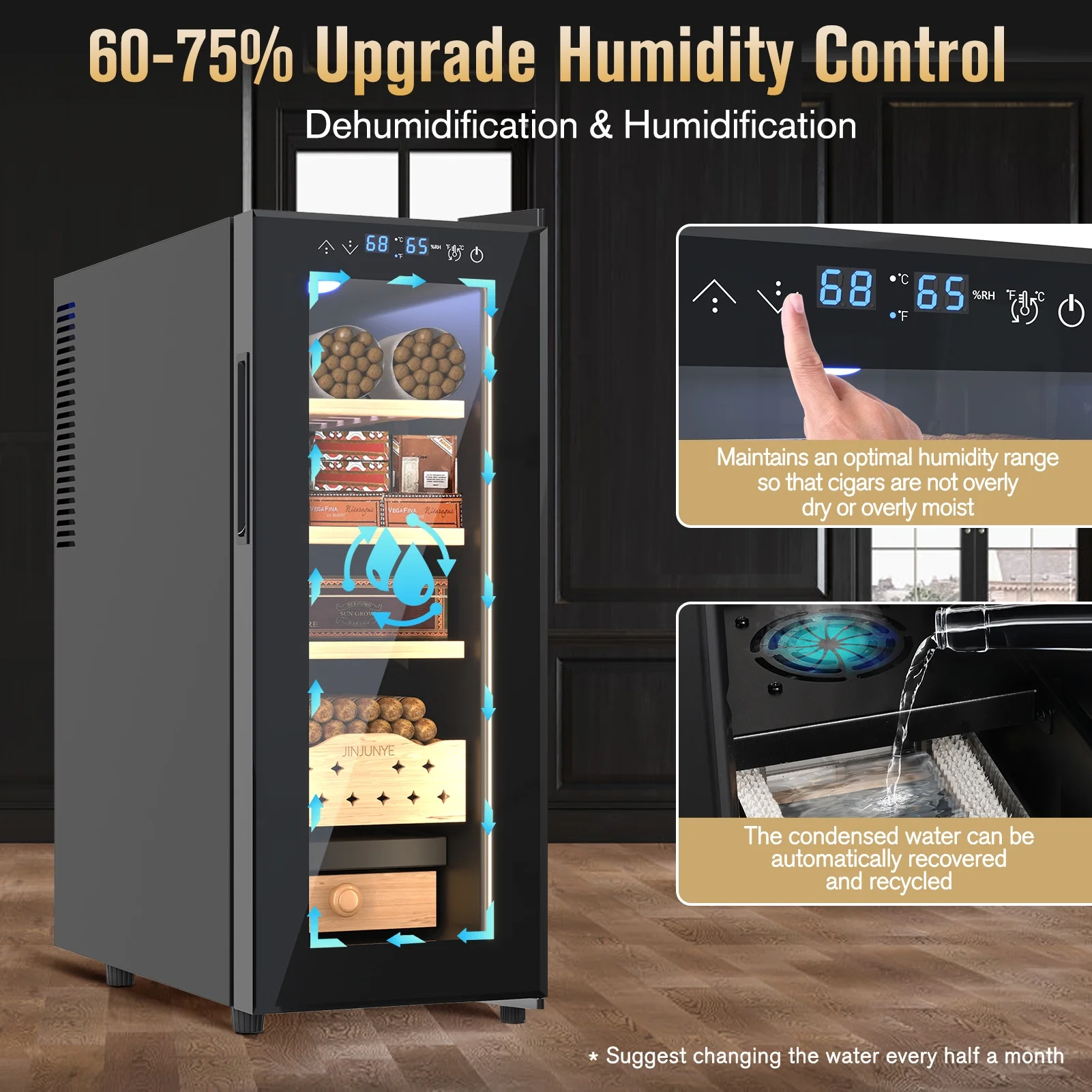 JINJUNYE Upgraded 35L Cigar Humidors with 3-IN-1 Cooling, Heating & Humidity Control, Electric Cooler Cigar Humidor for 250 Cigars, Cabinet Humidor with Spanish Cedar Wood Drawer Shelve, High-End Gift