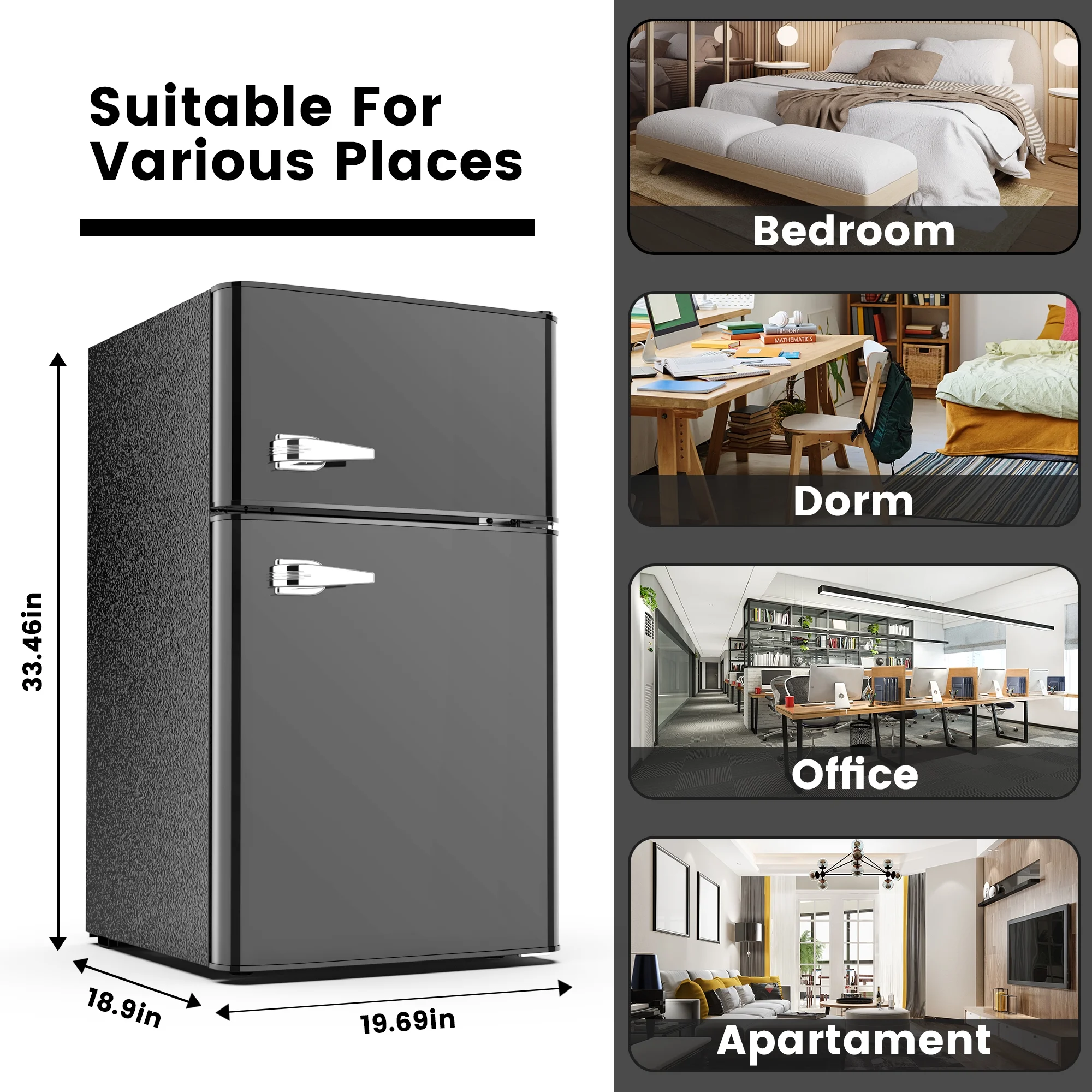 Besttey 3.1Cu.ft Two Door Mini Fridge with Freezer, Stainless Steel Refrigerator , Compact Size & Low Noise Defrost, 20'' Wide, Black