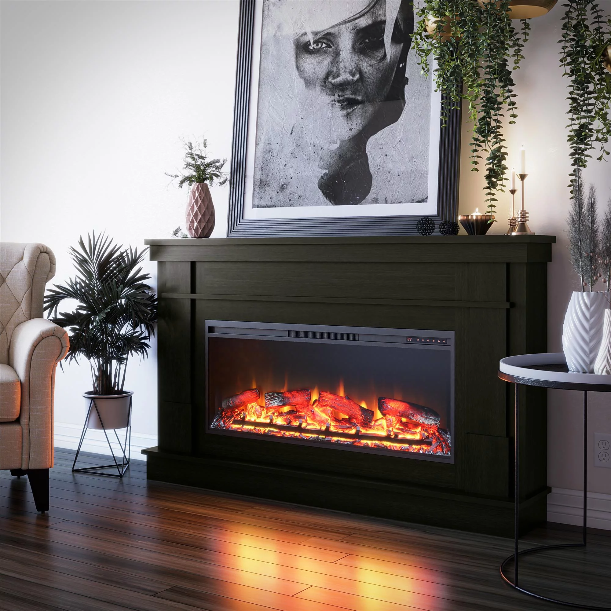 Elmcroft Wide Mantel with Linear Electric Fireplace, Charred Oak
