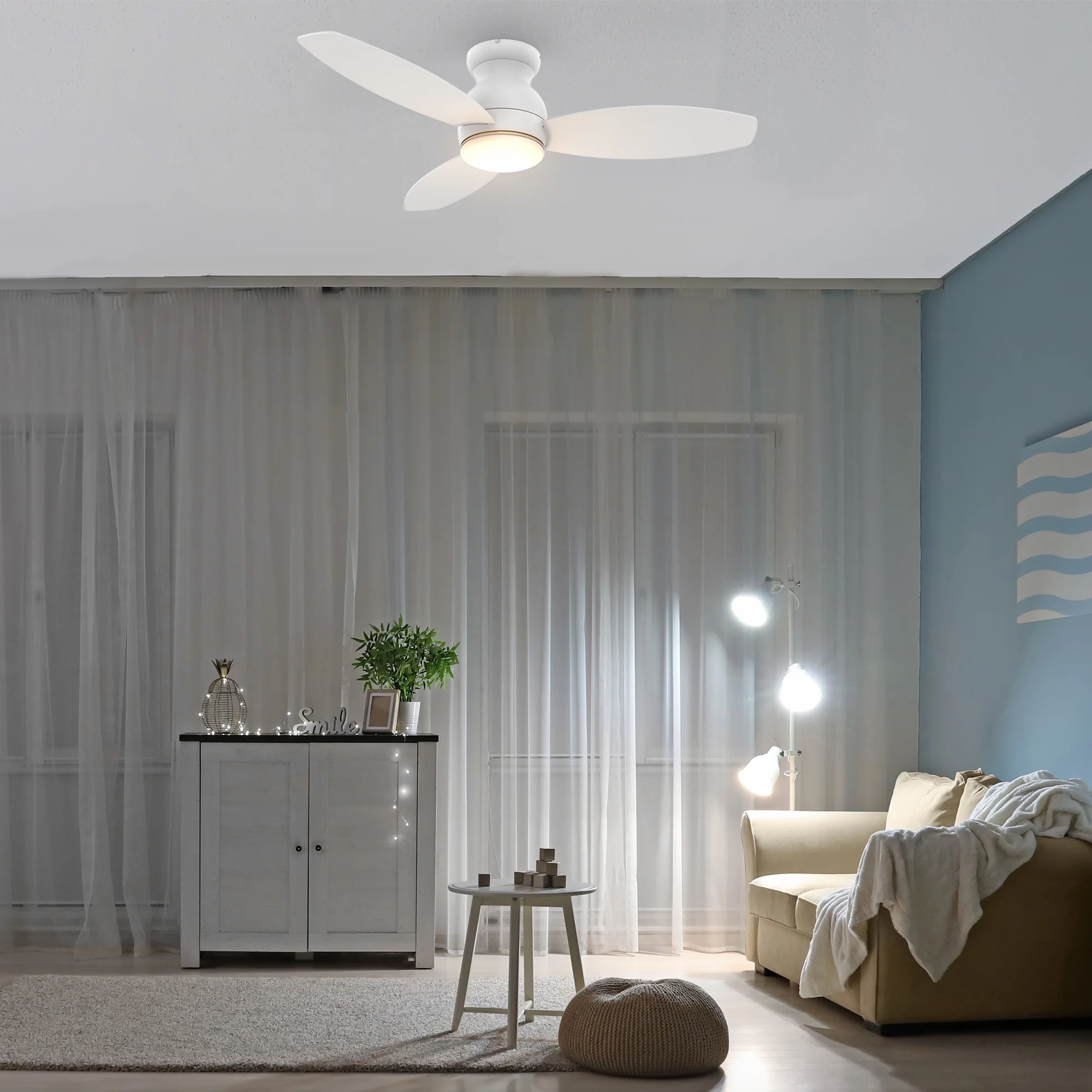 44' White Low Profile Ceiling Fan with Dimmable Light and Remote Timer/Schedule