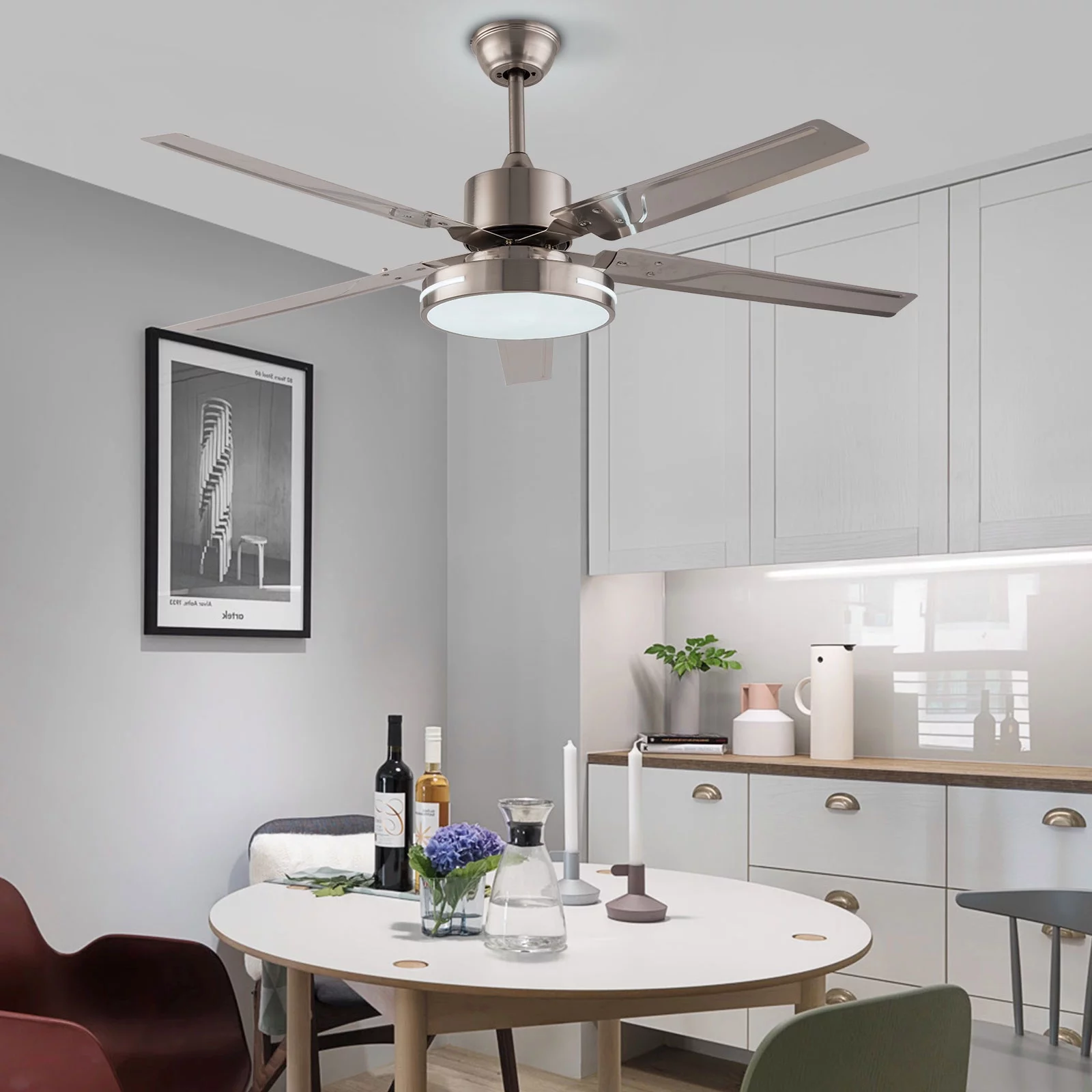 48-inch Indoor Ceiling Fan with Light and Remote Control, 5-Blades Large LED Dimmable Chandelier Ceiling Light Fixture for Living Room Dining Room Silver