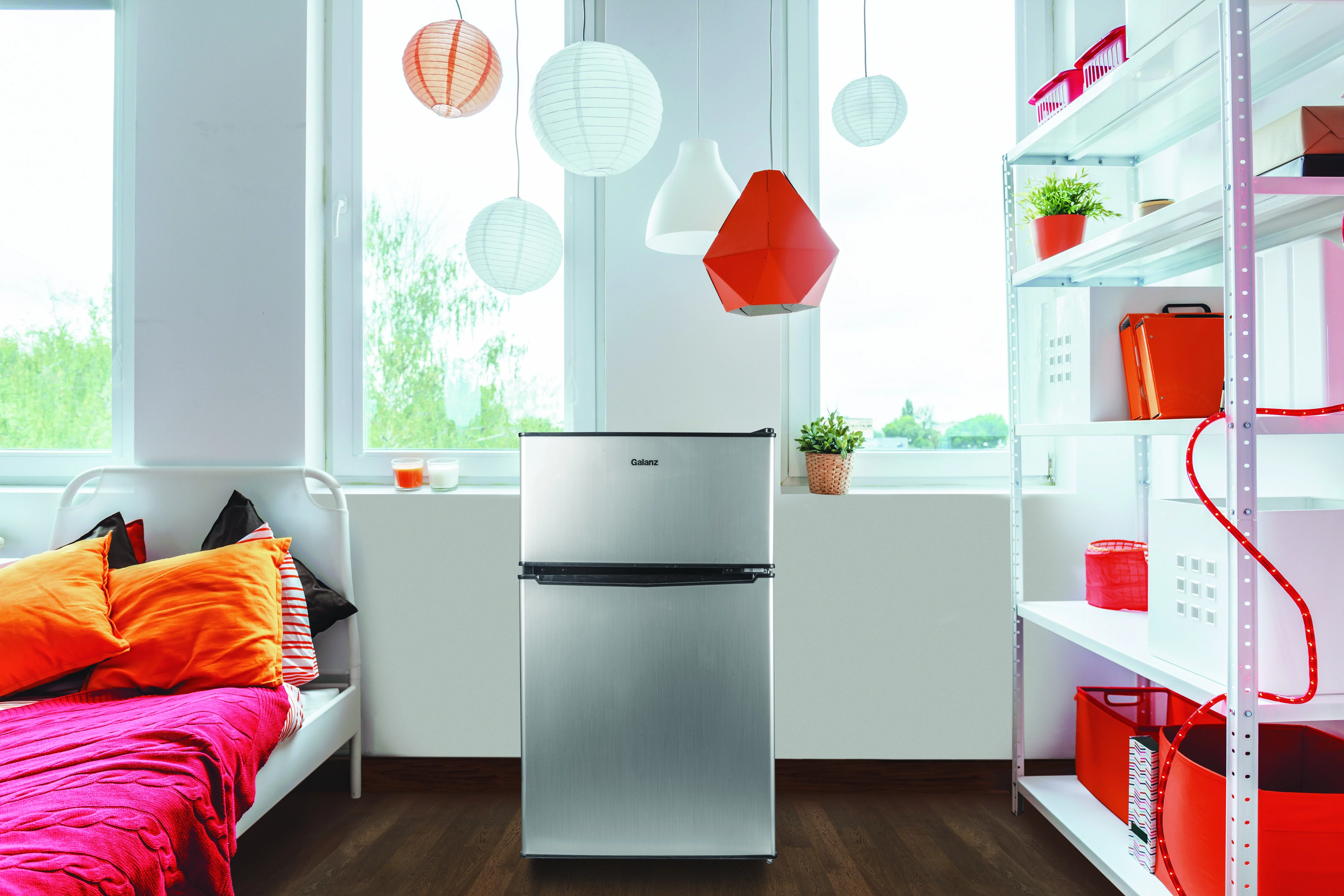 Galanz 3.1 Cu ft Two Door Mini Fridge with Freezer, Stainless, Estar, New