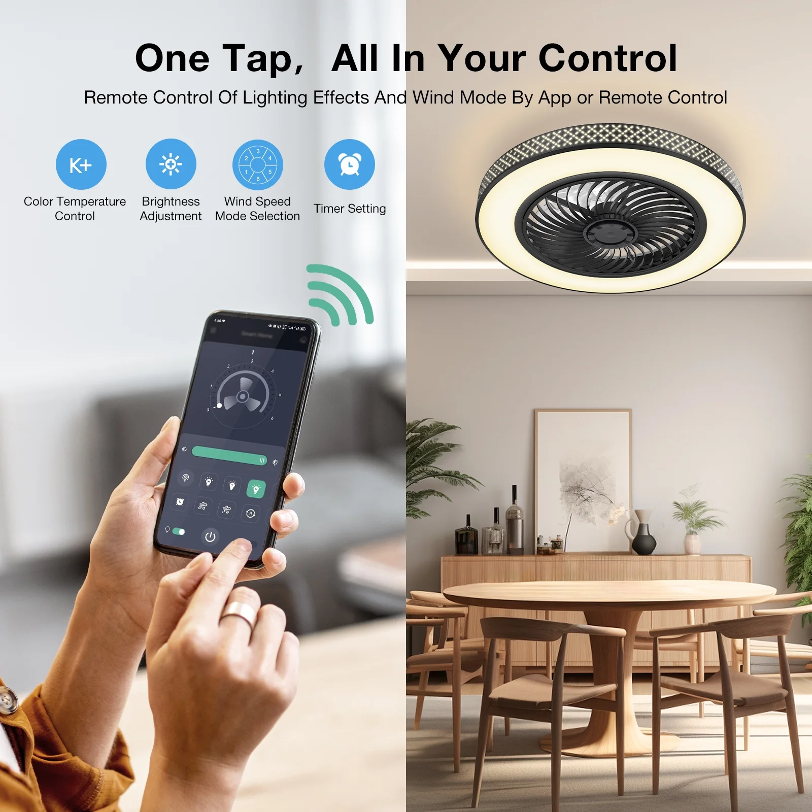 BLITZWILL 18 in Round Ceiling Fans with Lights, Dimmable Color Temperature and 6 Speeds, Remote & APP Control, Flush Mount Bladeless Reversible Motor, Black