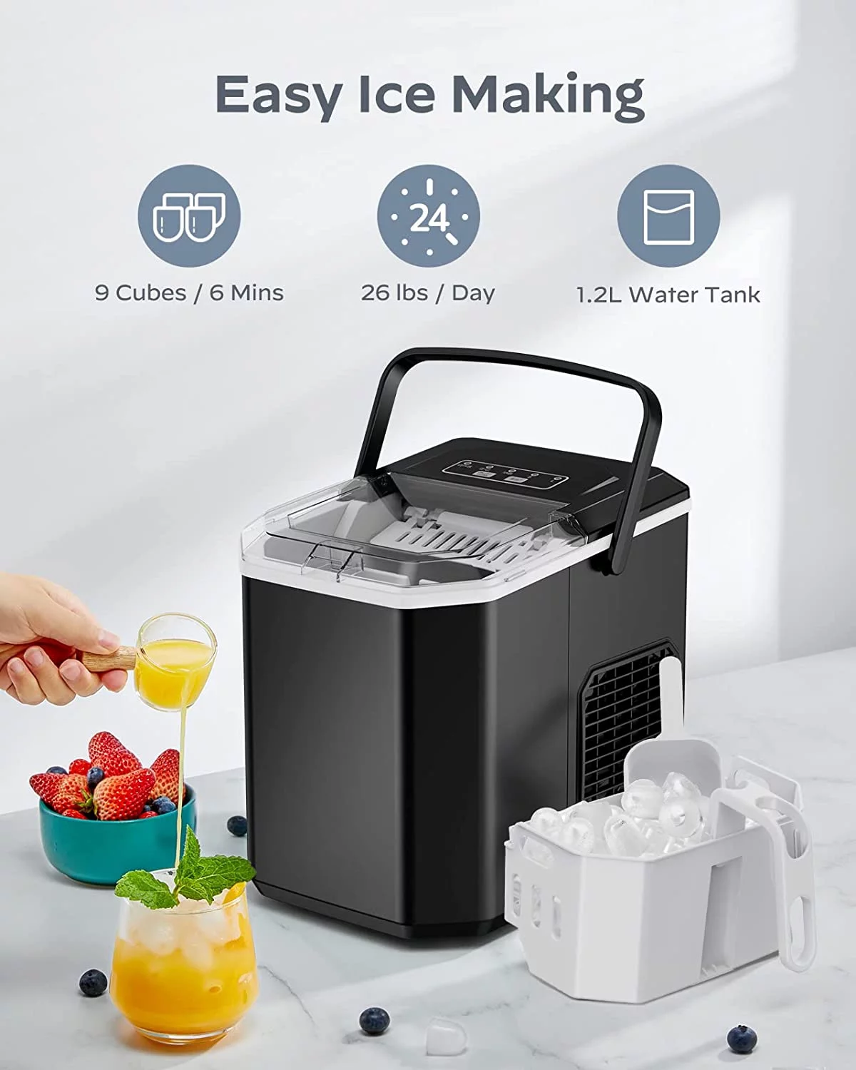 KISSAIR Ice Makers Countertop, Ice Machine with Handle, 26Lbs in 24Hrs, 9 Cubes Ready in 6 Mins, Self-Cleaning Portable Ice Maker, 2 Sizes of Bullet Ice Cubes-Black