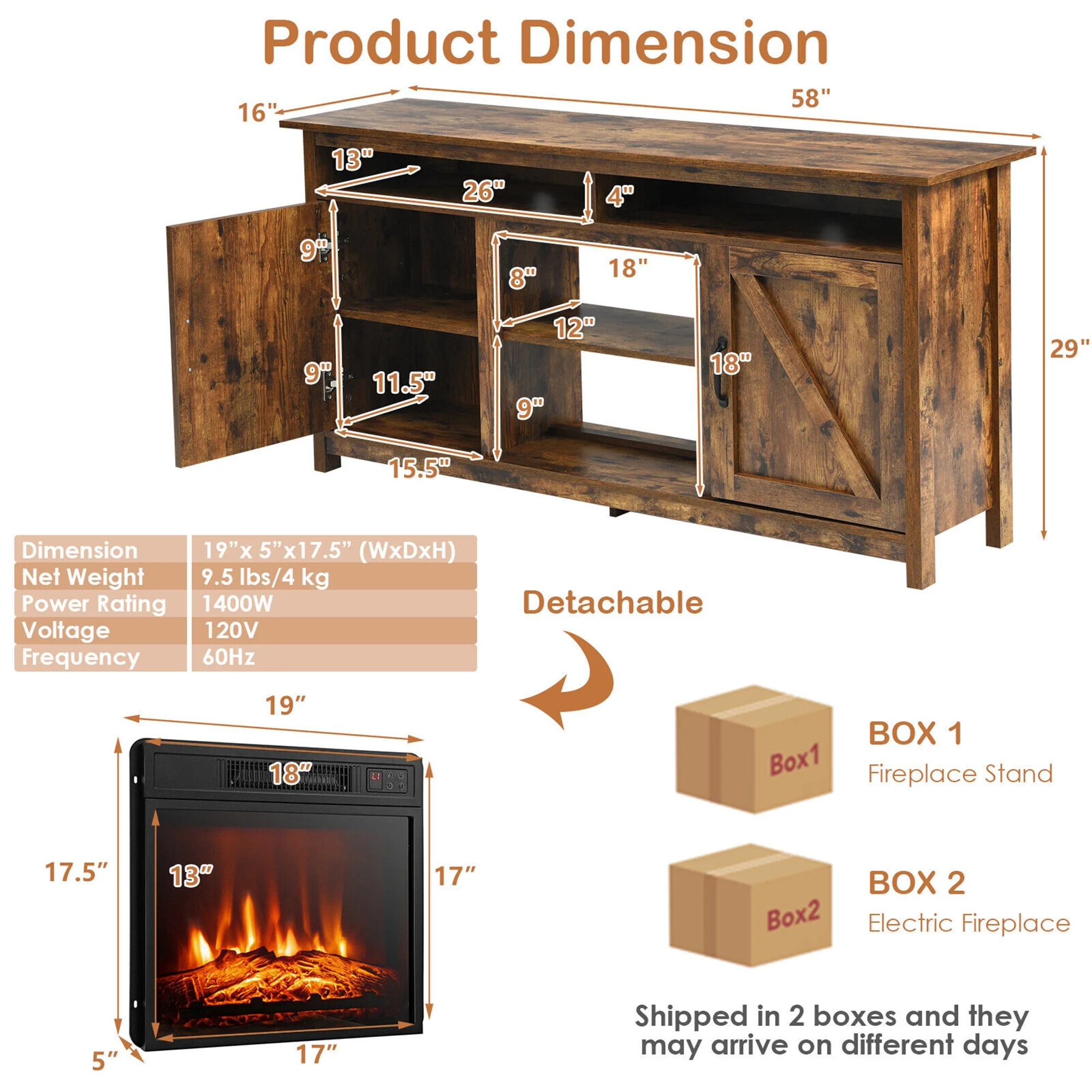 Gymax 60'' Industrial Fireplace TV Stand W/ 18'' 1400W Electric Fireplace