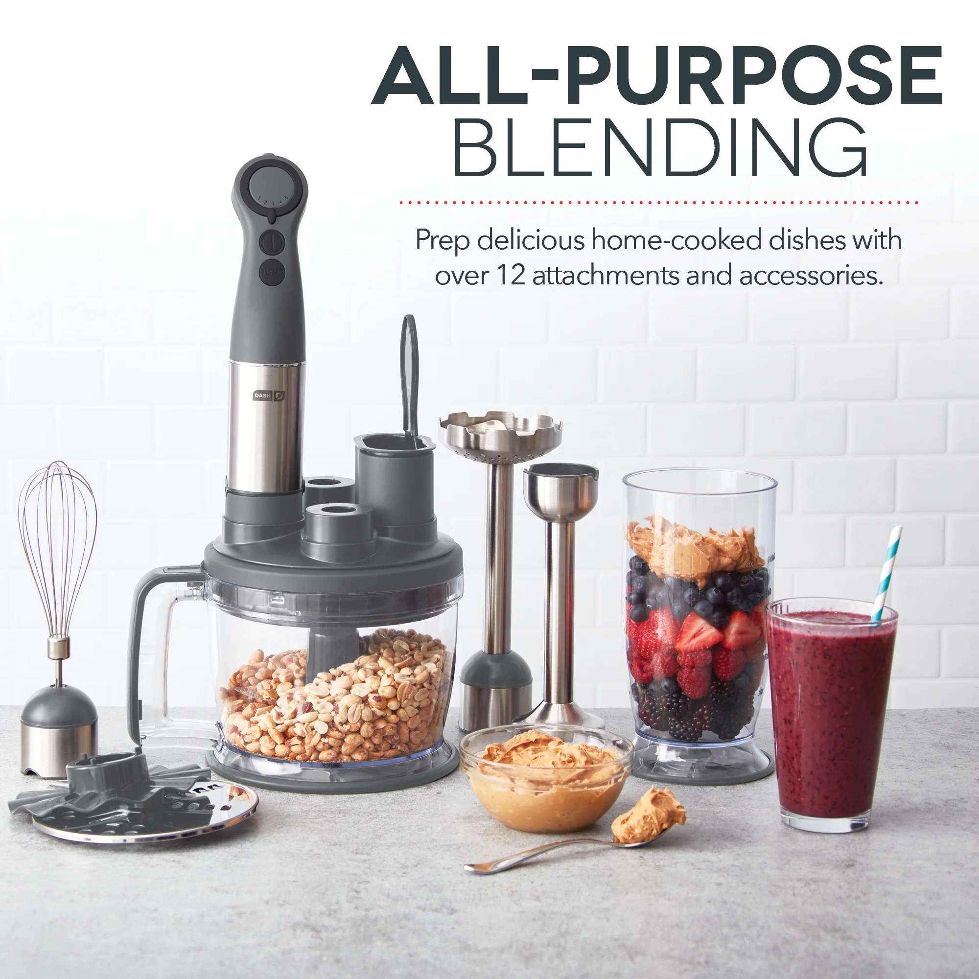 Dash Chef Series Deluxe Immersion Hand Blender, 5 Speed Stick Blender with Stainless Steel Blades, Dough Hooks, Food Processor, Grate, Mash, Slice, Whisk Attachments and Recipe Guide �C Cool Grey - New