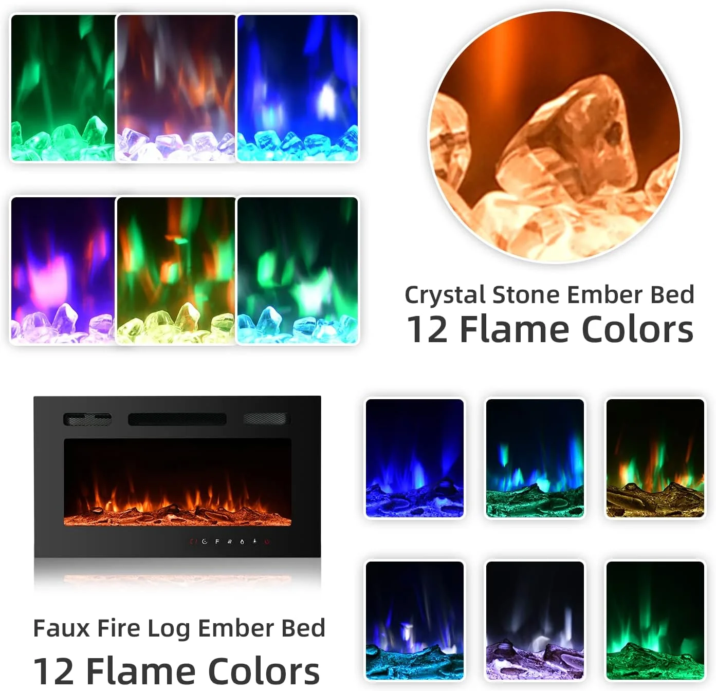 Hommow 70'' Floating Fireplace TV Stand with 36'' Electric Fireplace, Entertainment Center with 12 Color Led Lights, TV Console for TVs up to 80'' for Living Room, White