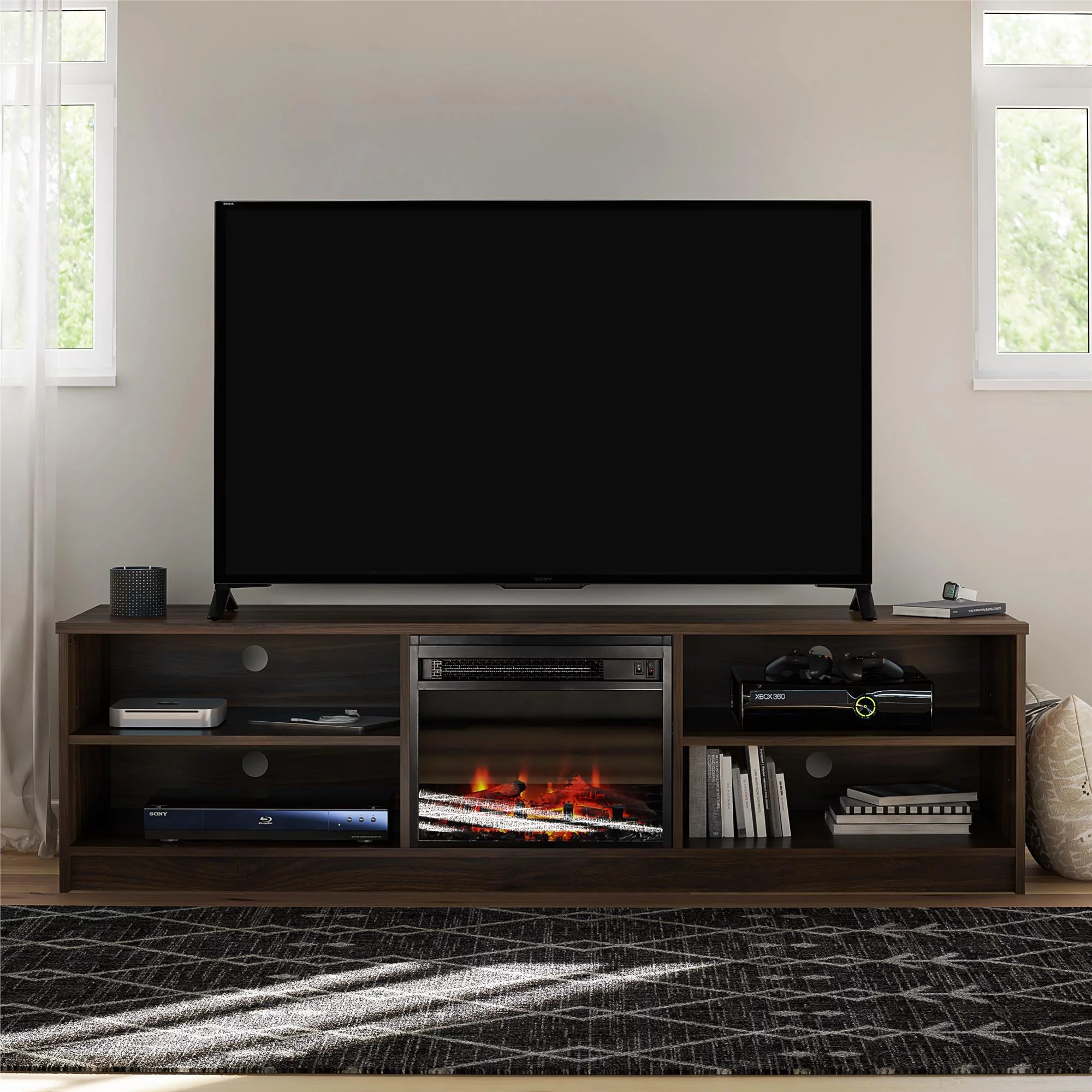 Ameriwood Home Namar Electric Fireplace TV Stand for TVs up to 75in, Walnut