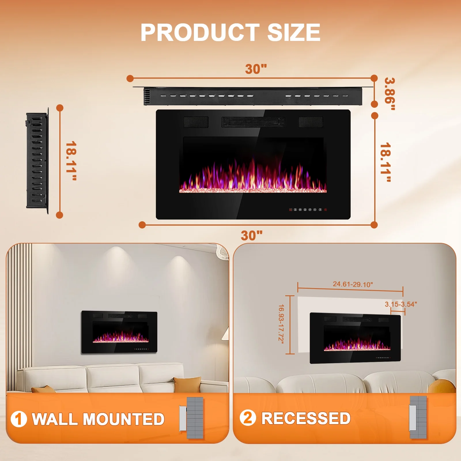KISSAIR 30'' 1500W Wall Mounted Recessed Electric Fireplace,12 Flame Color Modes,Touch Screen & Remote Control,Ultra Thin & Low Noise
