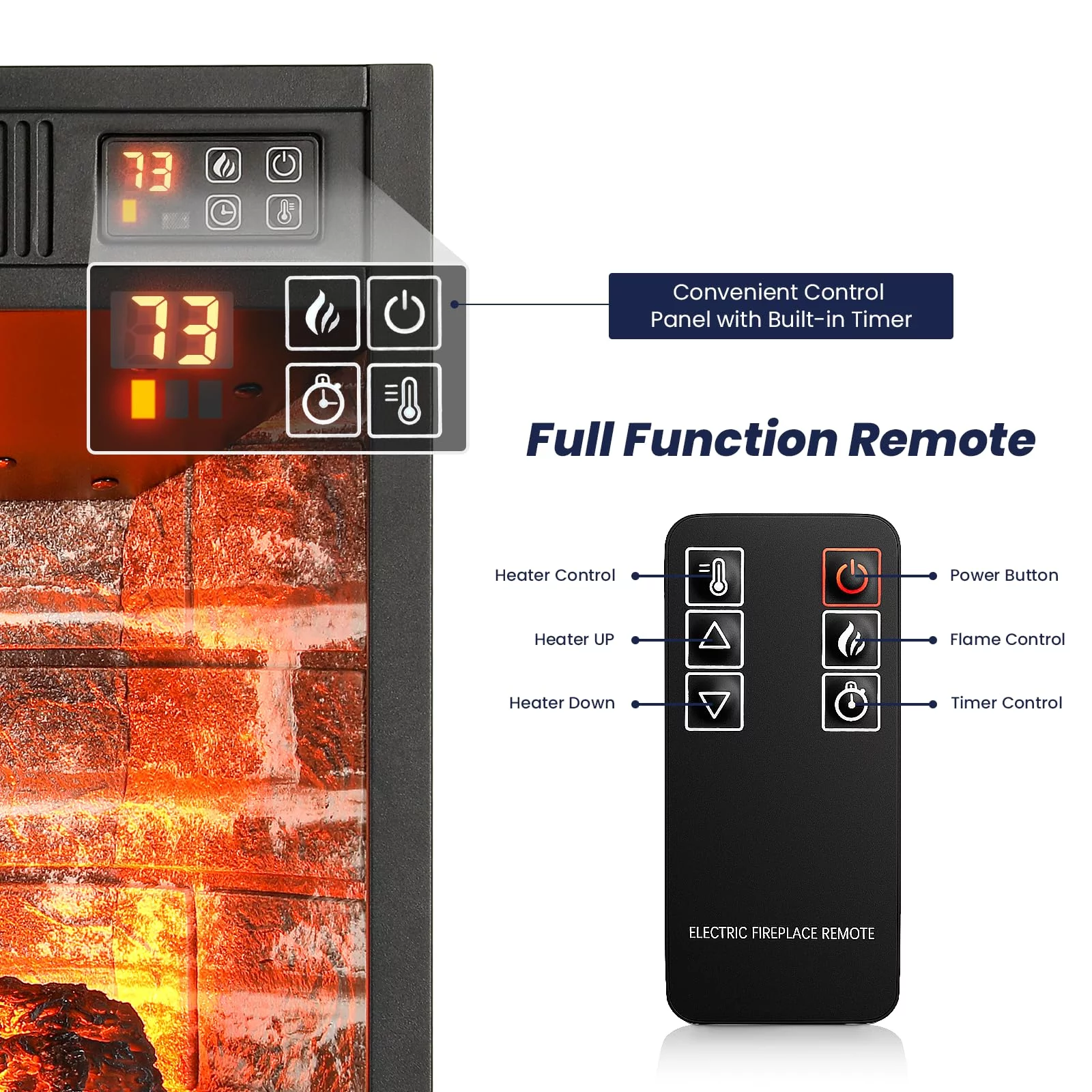 44'W Electric Fireplace Mantel, Wooden Stacked Stone Surround Free Standing Fireplace, with Remote Control, Adjustable LED Flame for Living Room, Bedroom
