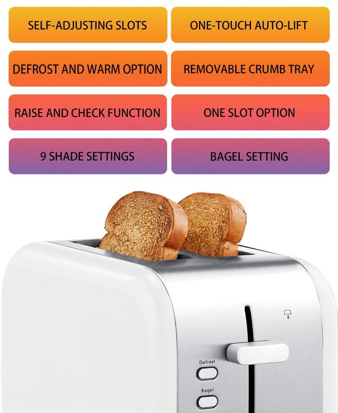 Kenmore 2-Slice Stainless Steel Toaster, Silver and White, Dual Controls, Extra Wide Slots, Bagel and Defrost Functions, 9 Browning Levels, Removable Crumb Trays, Bread, Toast, Muffin, Toaster Strudel