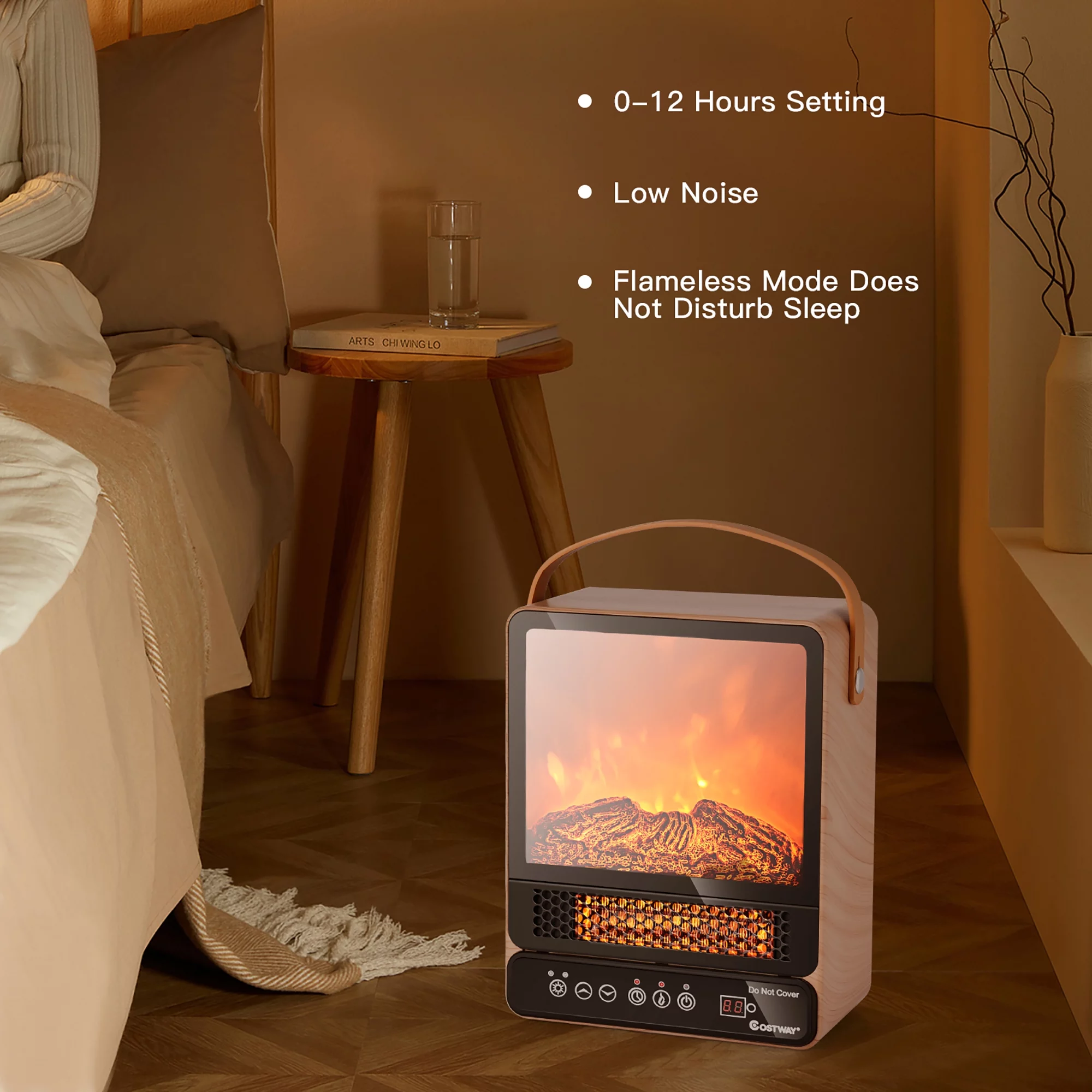 Costway 1500W Electric Fireplace Tabletop Portable Space Heater w/ 3D Flame Effect Maple
