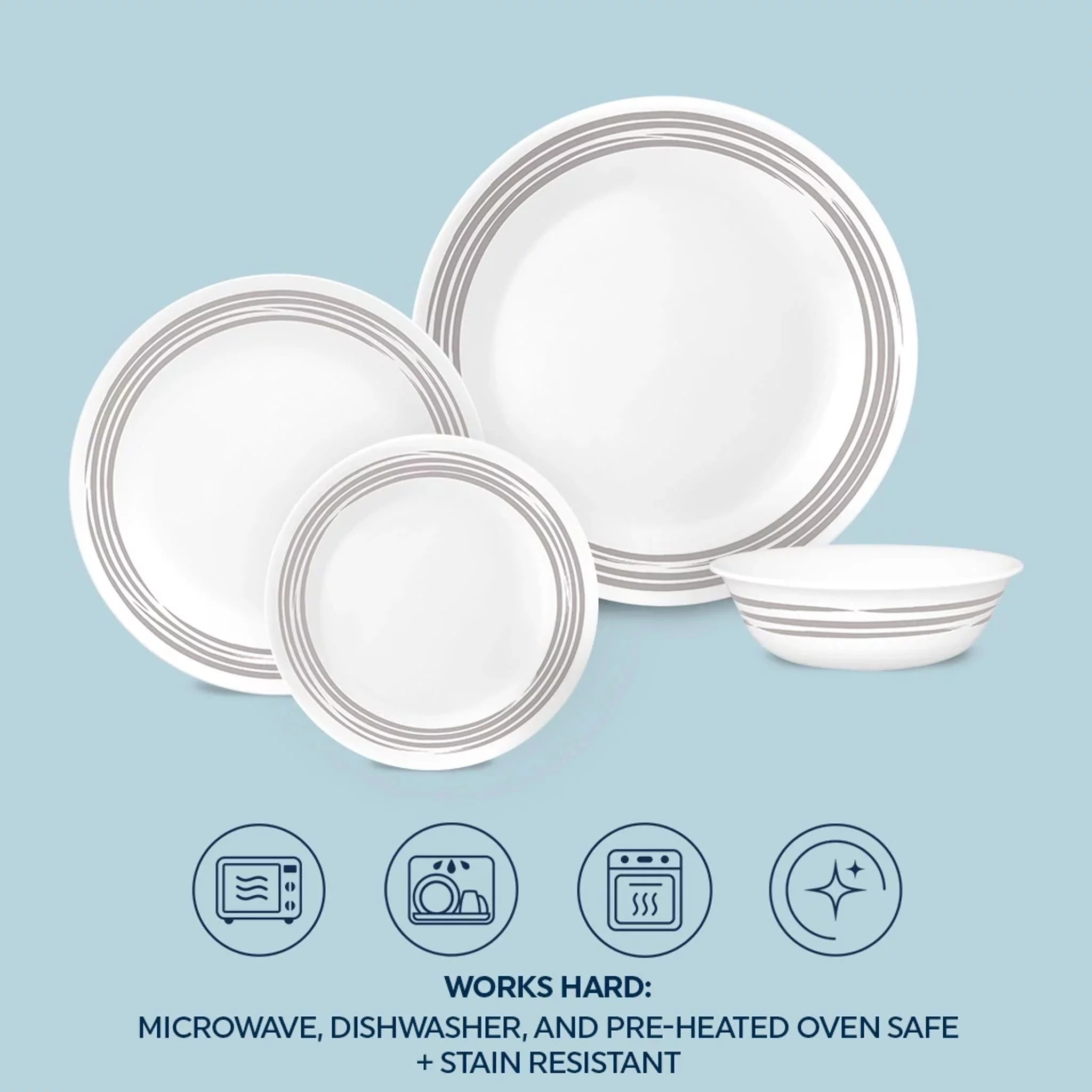 Corelle Brushed Silver 16-Piece Dinnerware Set, Service for 4, Grey and White Plates