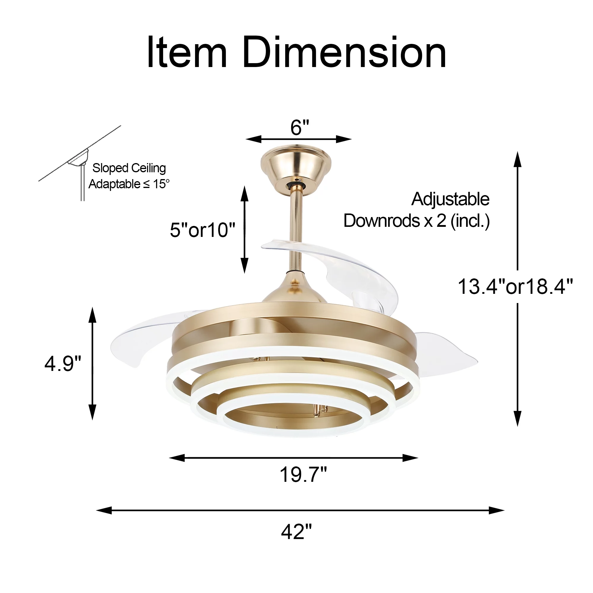45W Retractable Ceiling Fan with Remote Control and Dimmable Light Kit, 42 inches 6-Speed DIY-Shape Gold Ceiling Fan