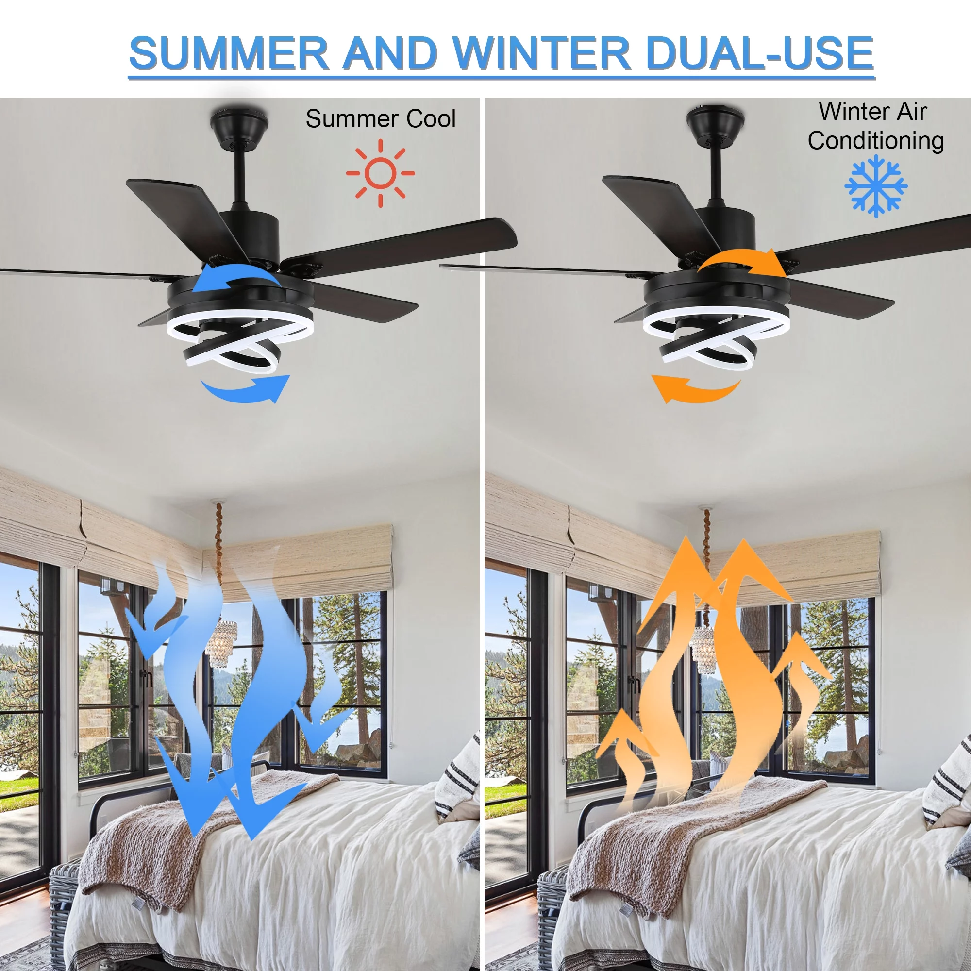 52Inch Modern Black Indoor Reversible Ceiling Fan with LED Light, 3 Color 6-Speed DIY Shape Ceiling Fan with Remote