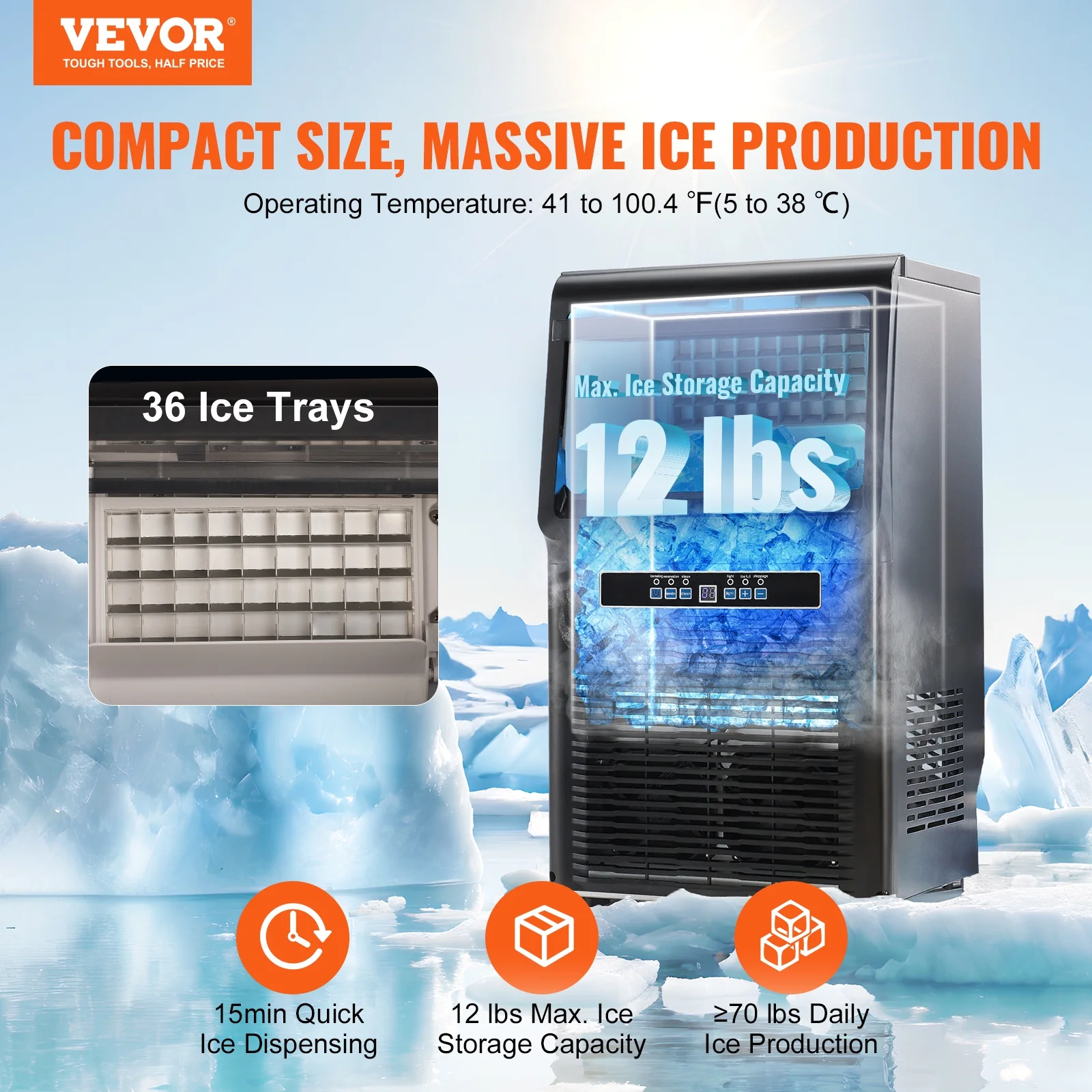 Happybuy 70Lb/24H Commercial Ice Maker, Automatic Portable Ice Maker Machine with Storage, Silver