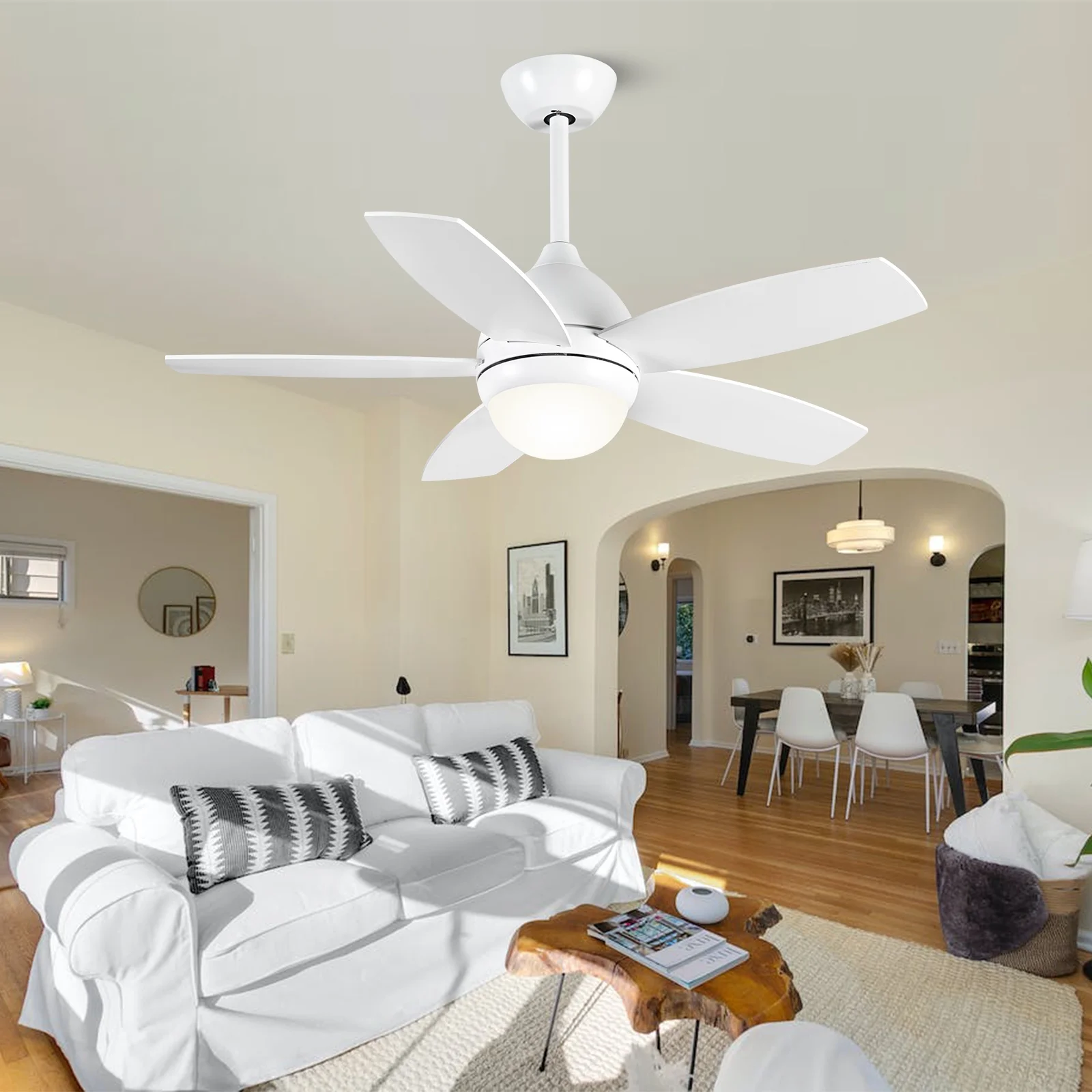 KAPOEFAN 42inch Matte White Ceiling Fan with Lights and Remote, 6 Speeds and Reversible