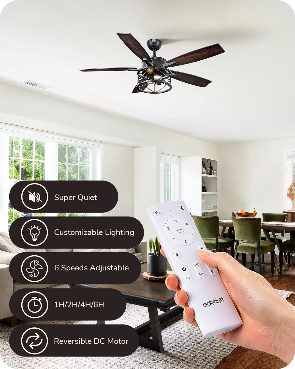 HAOFEI 52 Inch Farmhouse Ceiling Fans With Lights, Rustic Ceiling Fan With Light and Remote, 5 Wood Blades Ceiling Fan with Timer, 6 Speeds Reversible DC Motor for Bedroom, Patio, Porch