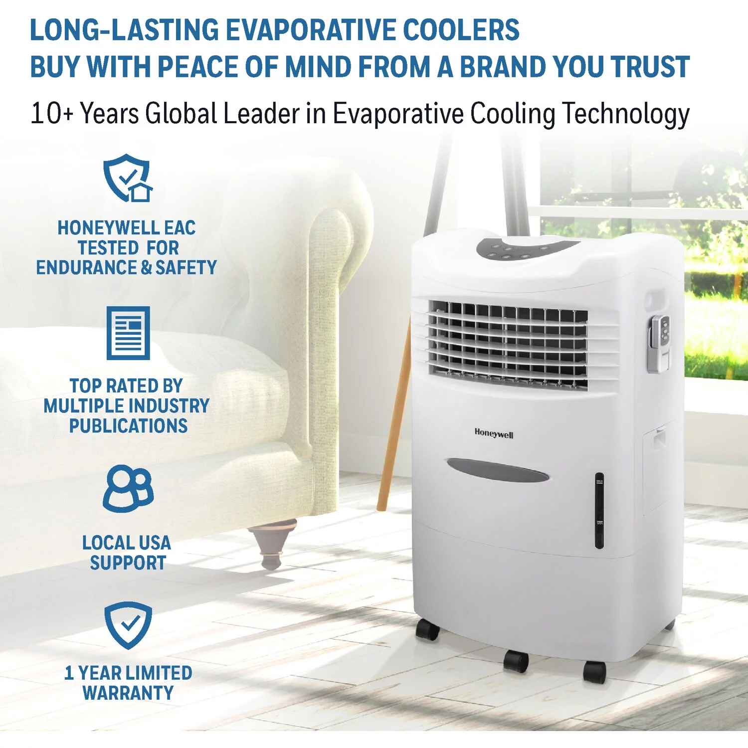 Honeywell 470-659CFM Portable Evaporative Cooler, Fan & Humidifier with Ice Compartment & Remote, CL201AEW, White