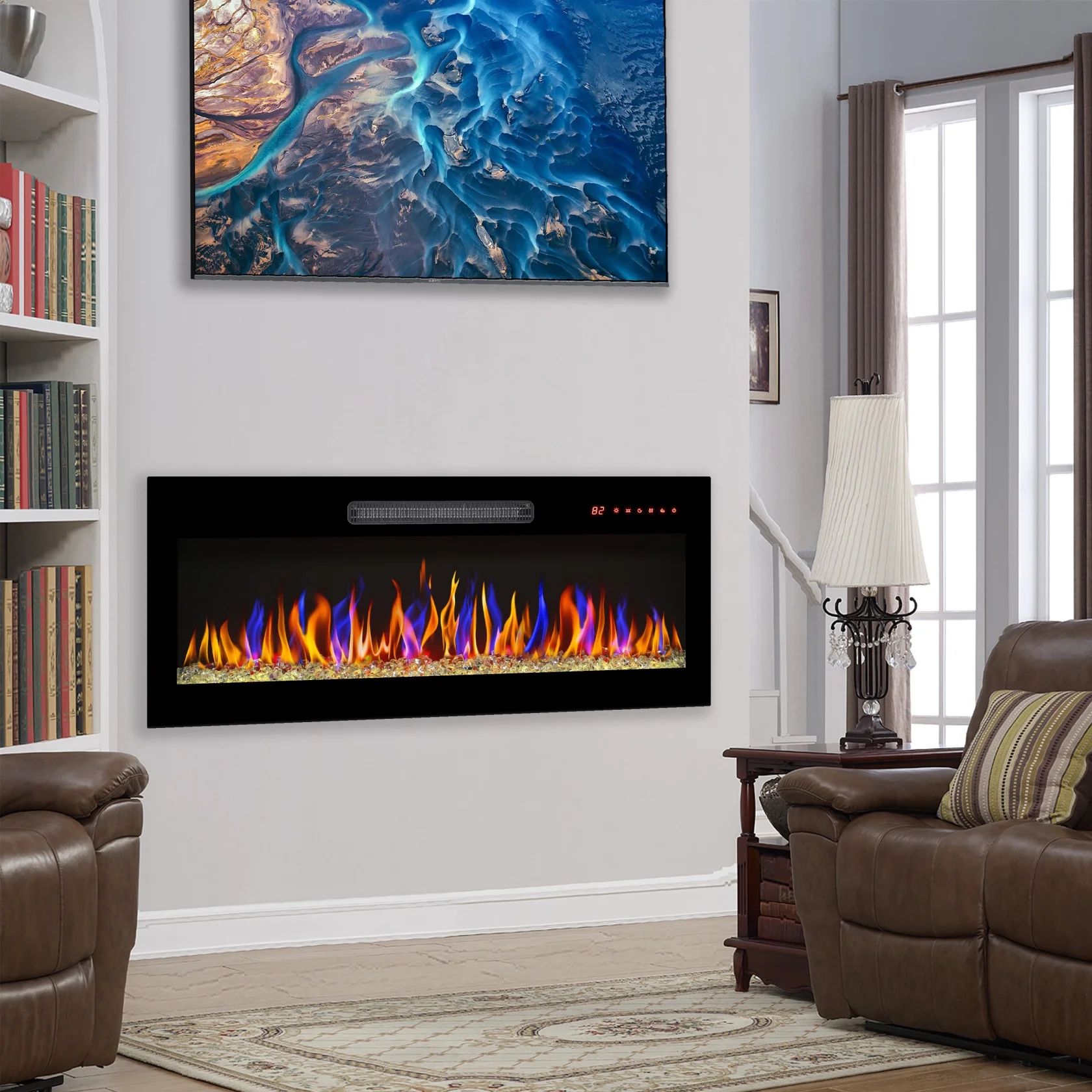 36 Inch Recessed Ultra Thin Electric Fireplace, Modern Wall Mount Fireplace with Infra Red Remote Control, Multi Color Flame and LED Light Heater for Bedroom, Living Room and Office, Antique Black