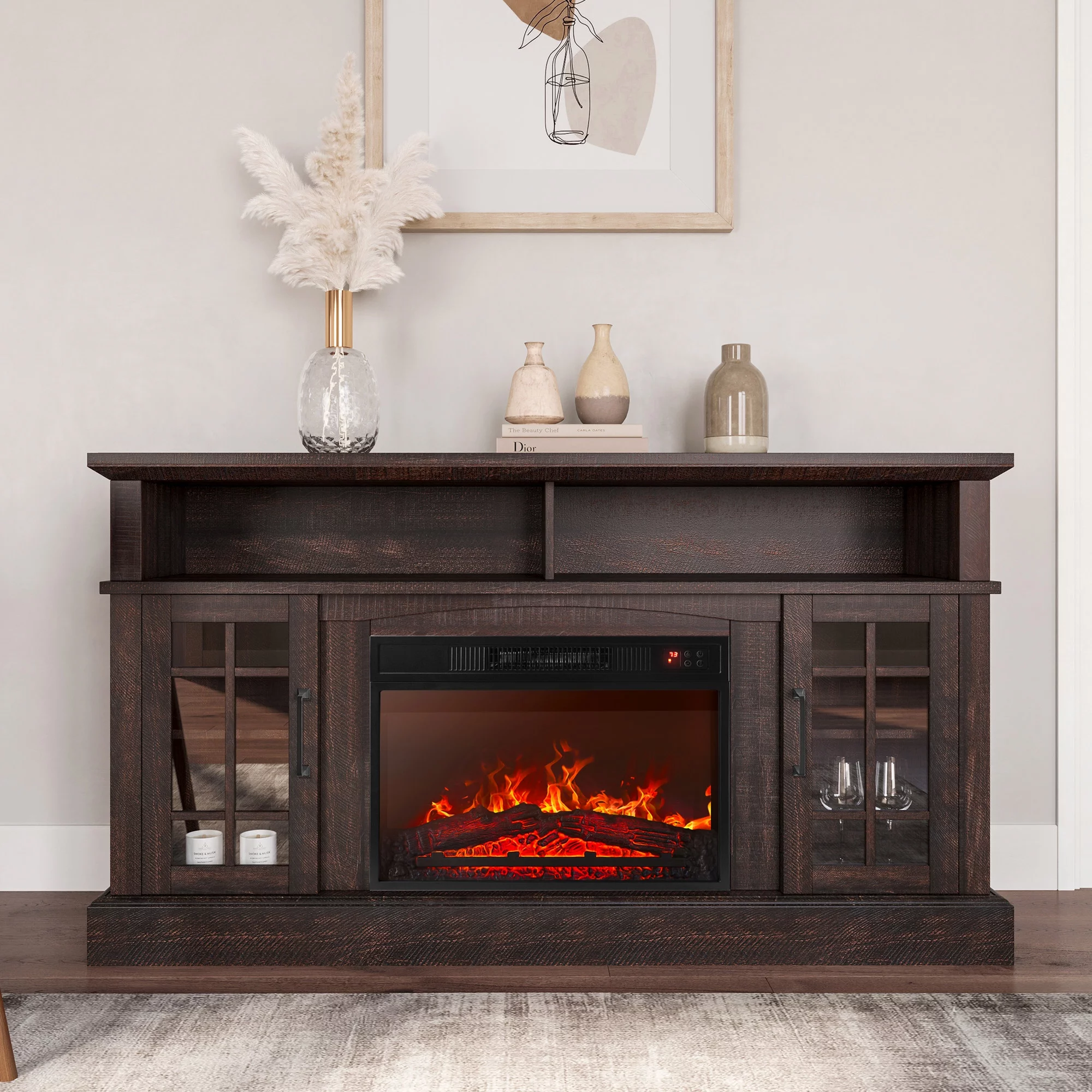 BELLEZE 58' TV Stand with 23' Electric Fireplace, Fireplace TV Console for TV up to 65 Inch, Home Entertainment Center with Storage Cabinet & Adjustable Shelves - Astorga (Espresso)