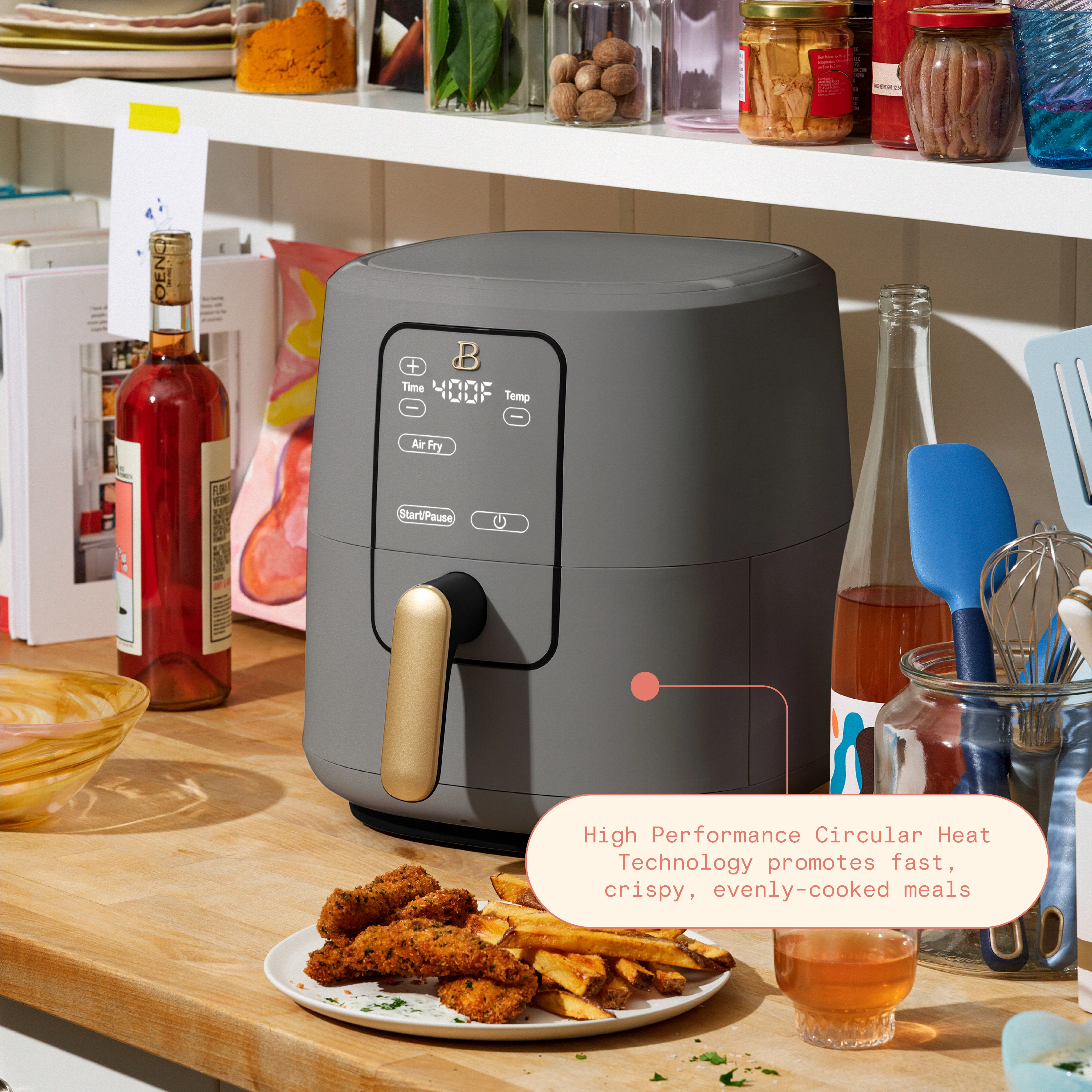 Beautiful 6 Qt Air Fryer with TurboCrisp Technology and Touch-Activated Display, Oyster Grey by Drew Barrymore