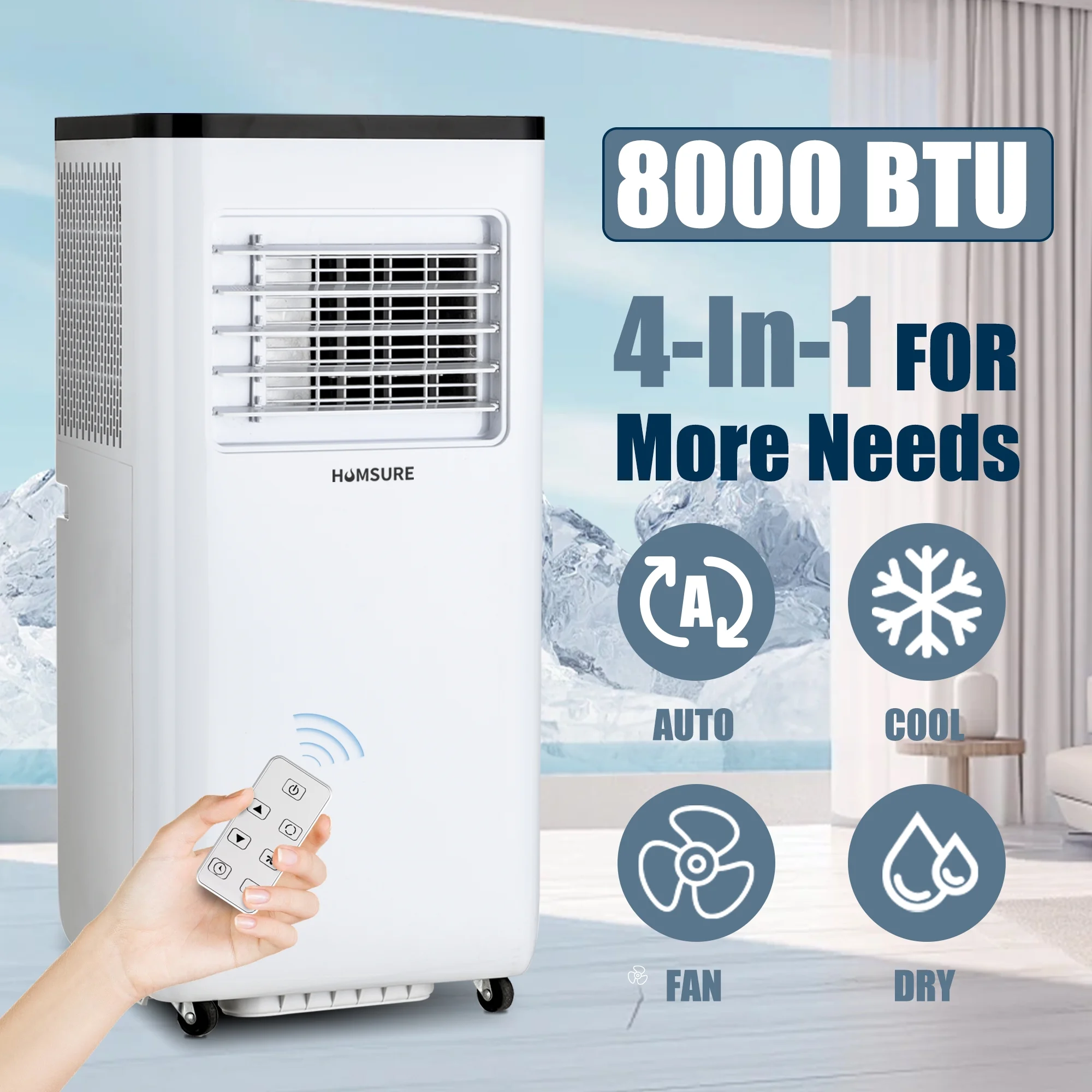 HUMSURE Portable Air Conditioners 5000 BTU (8000BTU ASHRAE) 300 Sq. ft, AC Unit With Built-In Cooler, Dehumidifier, Fan, Sleep Modes, Room Air Conditioner With Remote Control/Installation Kit, 24-Time
