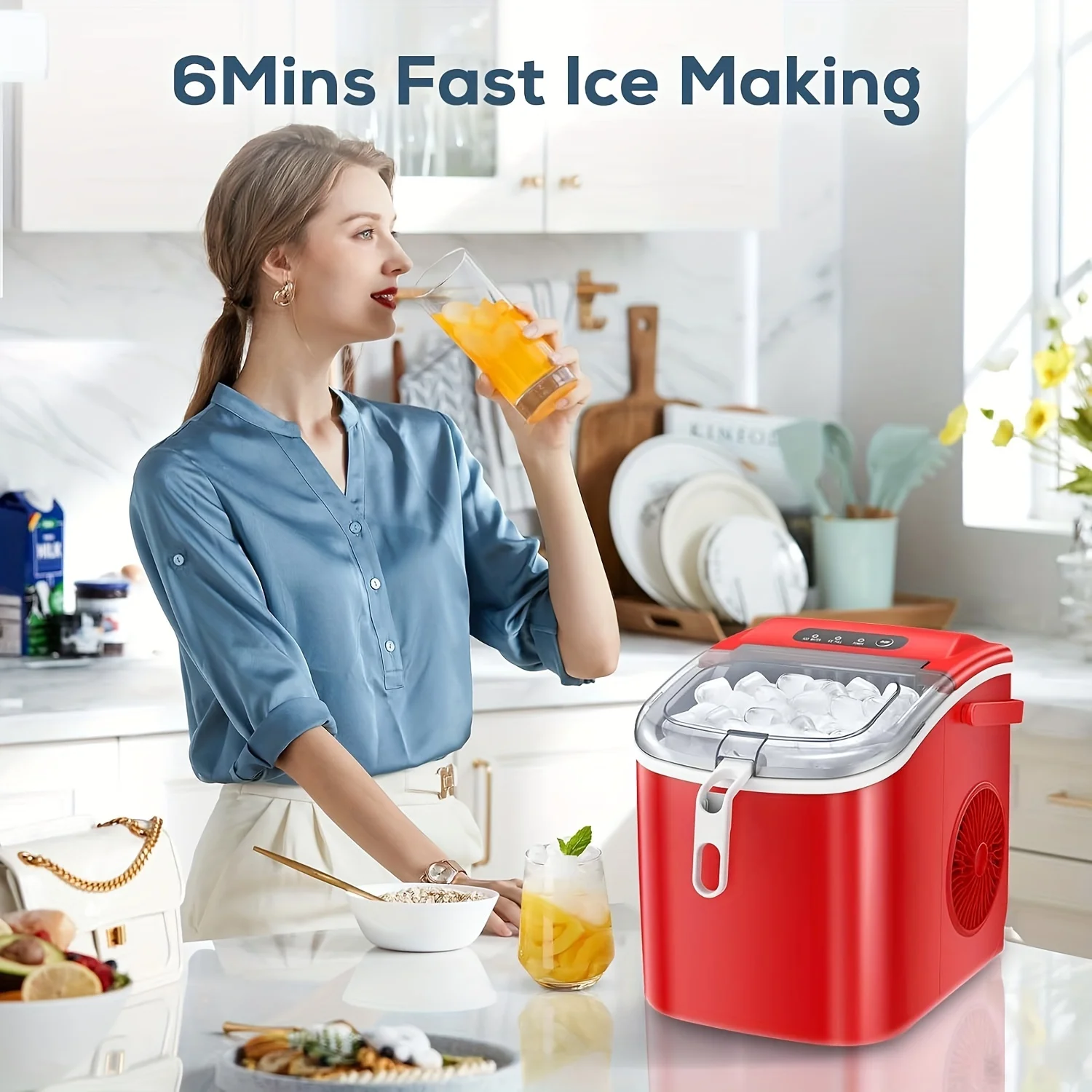 Ice Makers Countertop, Protable Ice Maker Machine With Self-Cleaning With Handle, 26Lbs/24H, 9 Ice Cubes/8 Mins For Bars, Cafes