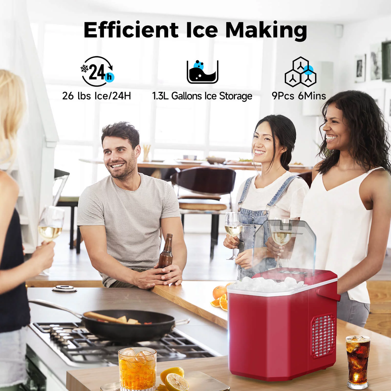 Fornido Countertop Ice Maker with Handle,26Lbs/24H Bullet-Shaped Ice Cubes, Self-Cleaning Ice Machine with Ice Bags, Scoop, and Basket for Home/Kitchen/Party(Red)