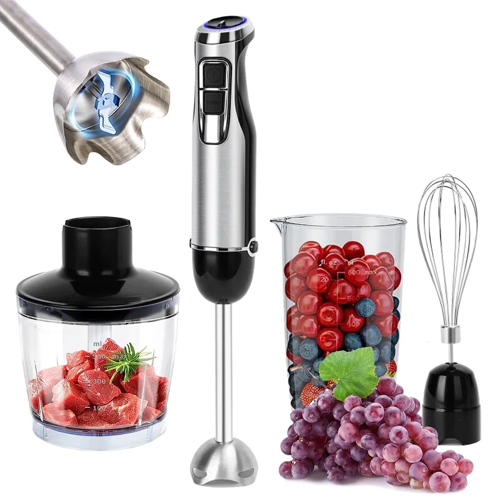 4 in 1 Immersion Handheld Blender 500W Stainless Steel Hand Blender with 500ml Chopper and 600ml Measuring Cup