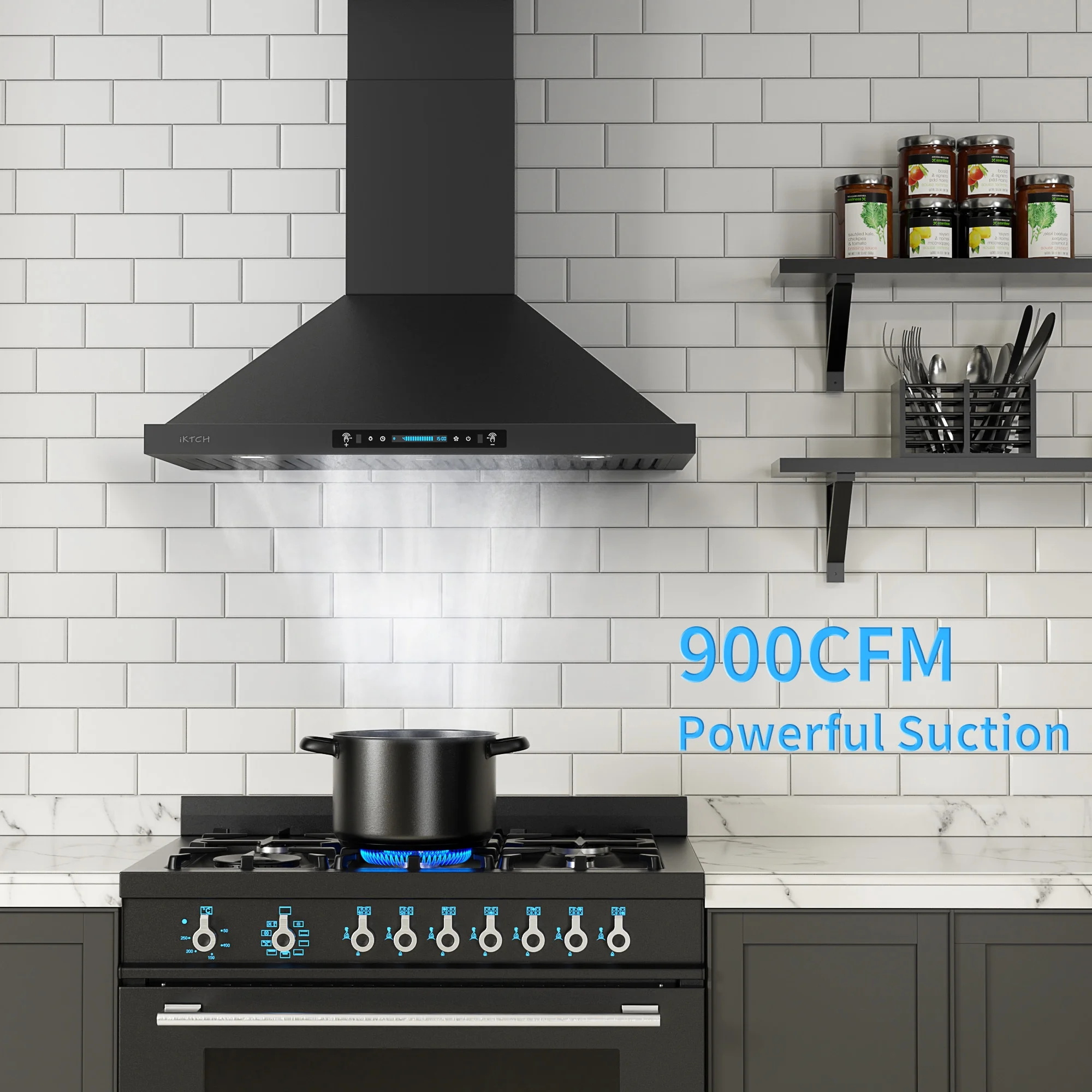 IKTCH 36 Inch Range Hood Black Wall Mount , 900 CFM Ducted/Ductless Stainless Steel Vent Hood with Gesture Sensing & Touch Control Switch Panel, 2 Pcs Adjustable Lights(IKP02-36-BSS)