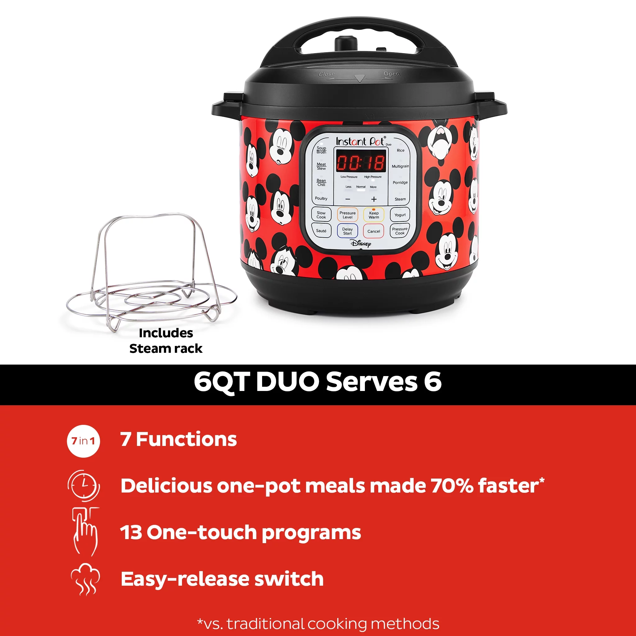 Instant Pot Duo 6 Quart Electric Pressure Cooker, 7-in-1 Multicooker, Disney Mickey Mouse
