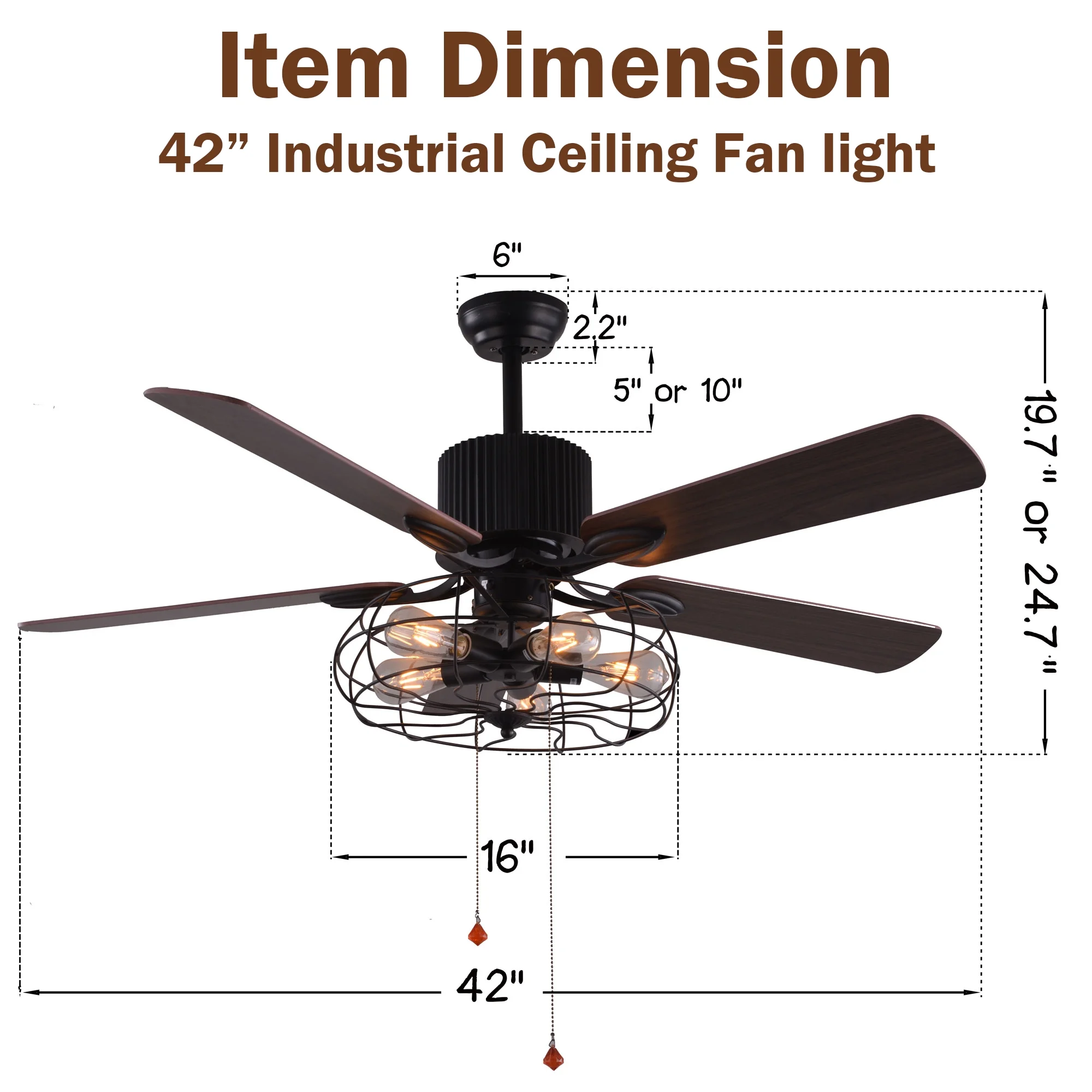 42' Black Industrial Metal Caged Ceiling Fan with Remote Control and Light Kit, 3-Speed Reversible Ceiling Fan